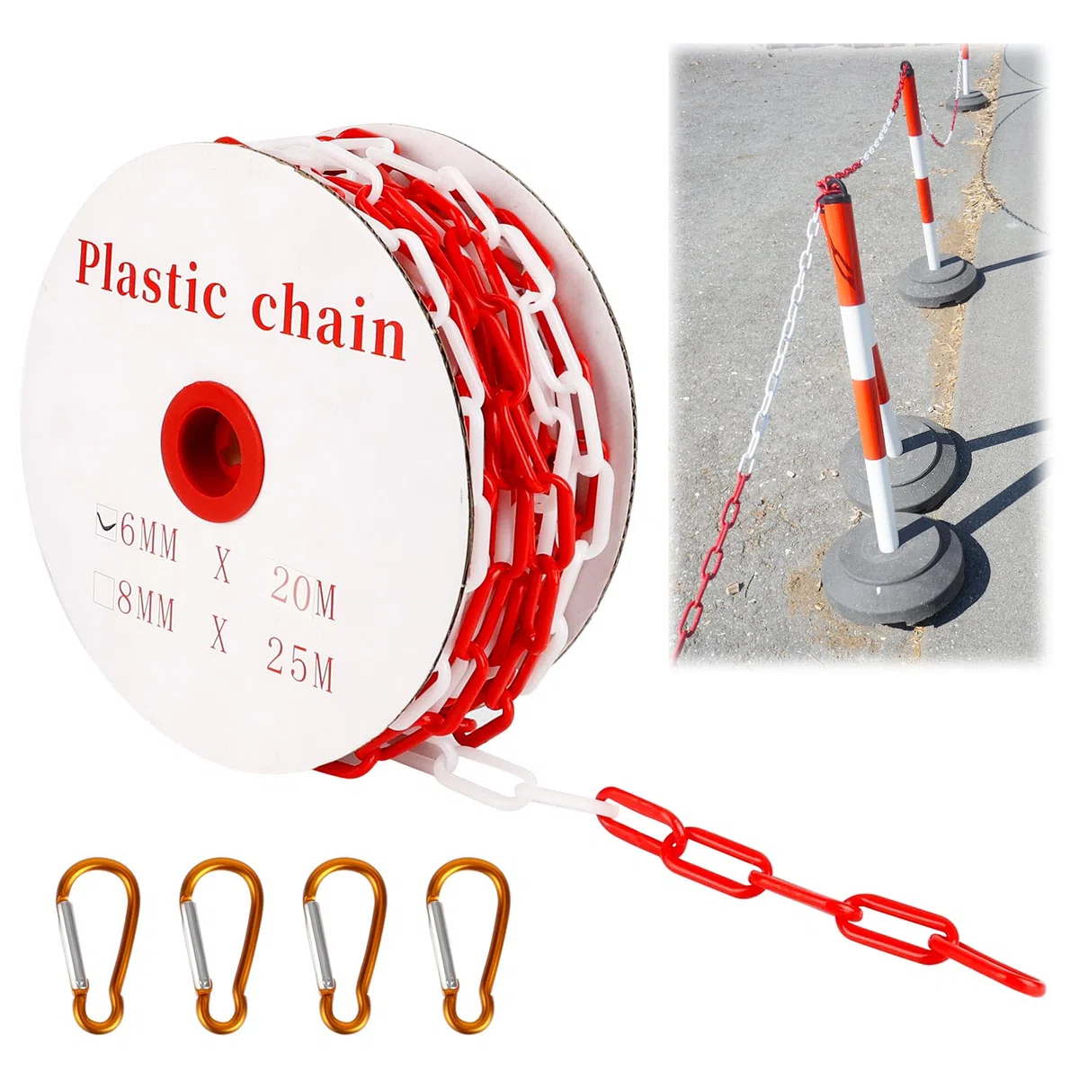 Cadena de Plástico para Barrera JABNOW 6 mm x 20 Metros, Rojo y Blanco, con 4 Hebillas de Aluminio, Advertencia Alta Visibilidad