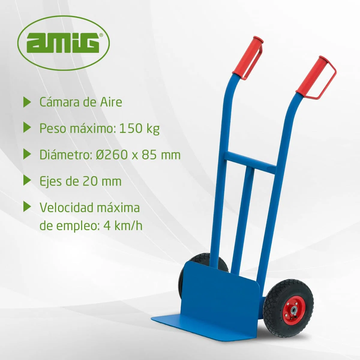 Amig - Rueda Neumática para Carretillas o Carros de Almacén con Cámara de Aire, Llantas en Color Rojo y Rodamientos de Bolas - Diámetro Ø260 x 85 mm · Peso Máximo 150 kg
