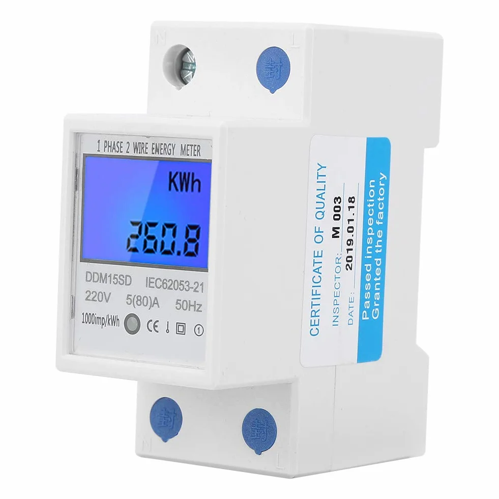 DDM15SD KWh Medidor de Energía Medidor de Energía Monofásico Pantalla Digital con Retroiluminación LCD 5-80a