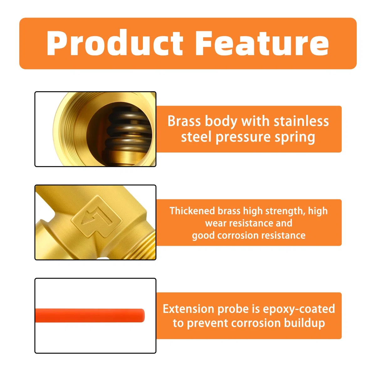 GASHER 3/4" BSP Válvula de alivio de presión y temperatura del calentador de agua para vehículos recreativos con sonda revestida de epoxi, para depósitos de calentadores de agua caliente