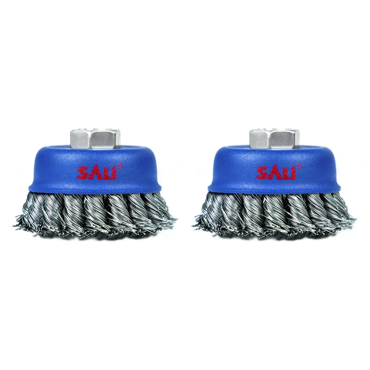 SALI Cepillo de copa de alambre de 2 piezas, Ø 75 mm cepillo de copa de nudo trenzado para amoladoras, con mandril de 5/8-11 pulgadas para la limpieza a fondo de óxido, decapado y abrasivos