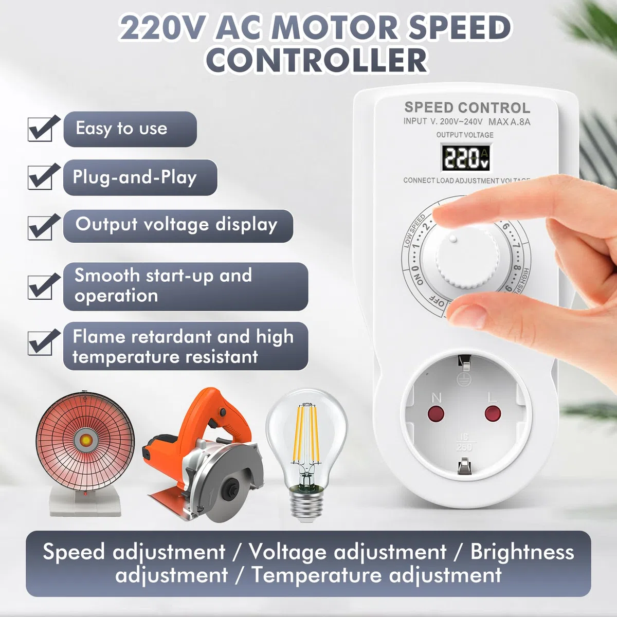 Regulador de Velocidad Motor 220V AC Regulador de Voltaje continuo Amoladora angular Soplador Extractor con Indicador Tensión 1600W carga resistiva 500W carga inductiva Enchufe europeo