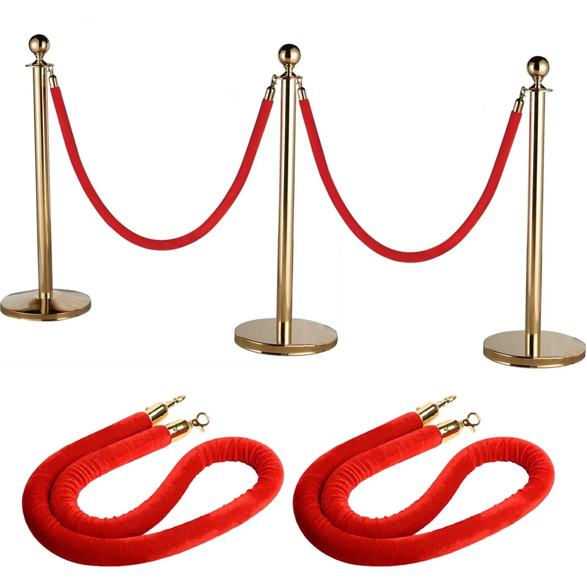 2 piezas Roja Cuerdas de Barrera de Terciopelo Barrier Ropes Barrera de seguridad de cuerda de control de multitudes 150cm