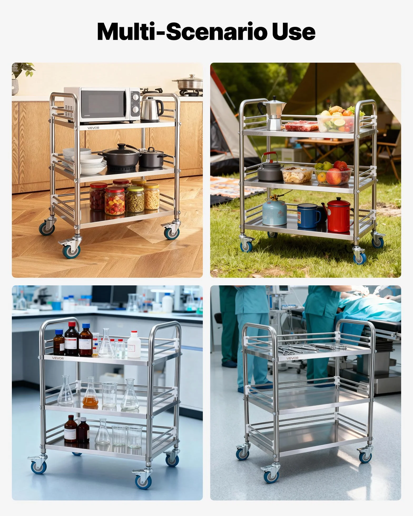 VEVOR Carro de Laboratorio de Acero Inoxidable 3 Niveles con Ruedas Bloqueables, Bandeja de Almacenamiento Móvil Resistente para Hospitales, Restaurantes, Cocinas, Salones, 615 x 410 x 870 mm