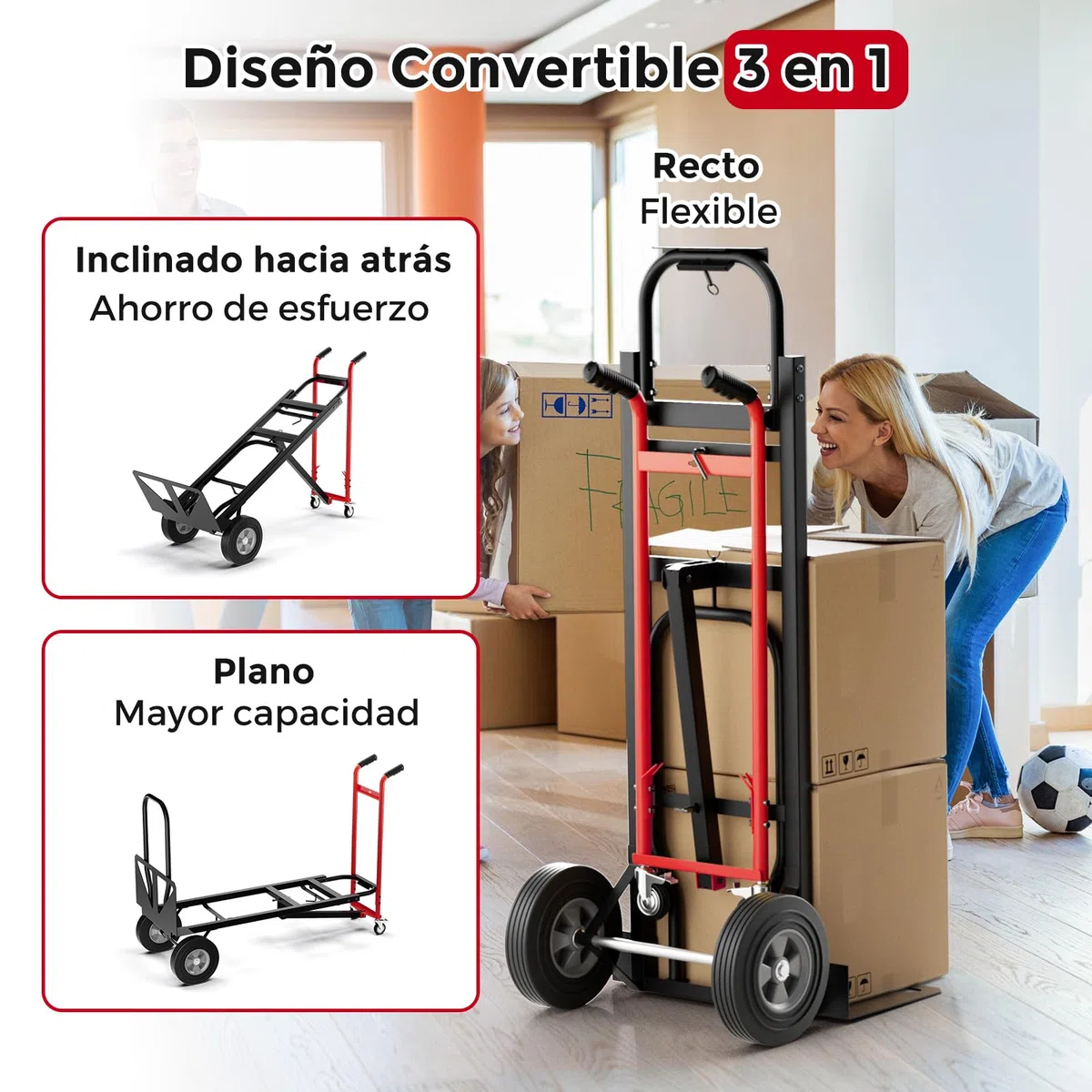 GYMAX Carretilla de Mano Plegable 3 en 1, Metal Resistente con Ruedas Universales, Mango de Goma, Capacidad de 450 kg, Carretilla de Mano para Almacén, Garaje, Fábrica, Supermercado (Rojo)
