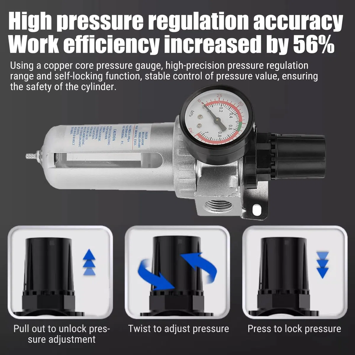 BSP 1/2" Filtro Regulador De Aire, Regulador De Filtro De Aire Comprimido Aceite Agua Separador Filtro, Regulador Presión Filtro Reductor De Presión Para Compresor Con 150 Psimedidor De Presión