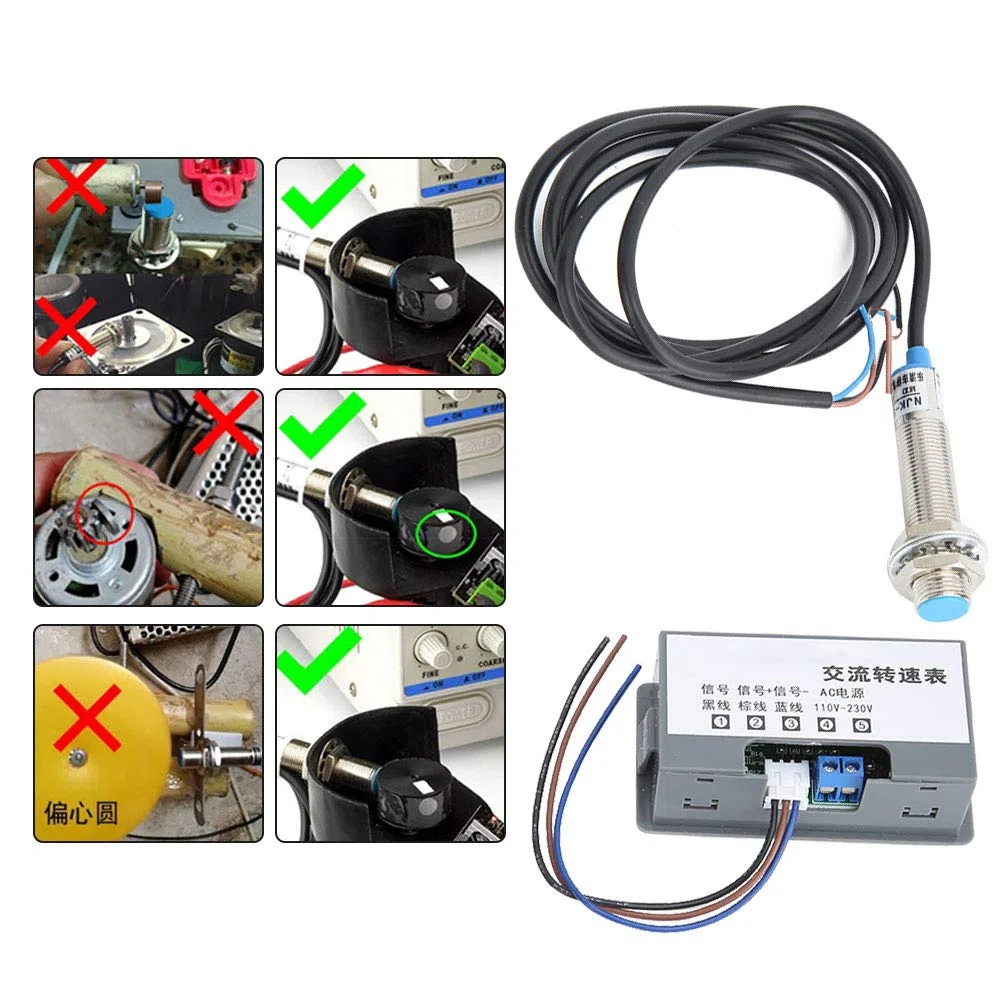 Medidor de Velocidad Digital, Pantalla Medición Alta 220V AC Tacómetro Tubo de 4 Dígitos y Detectores Precisión AC220V