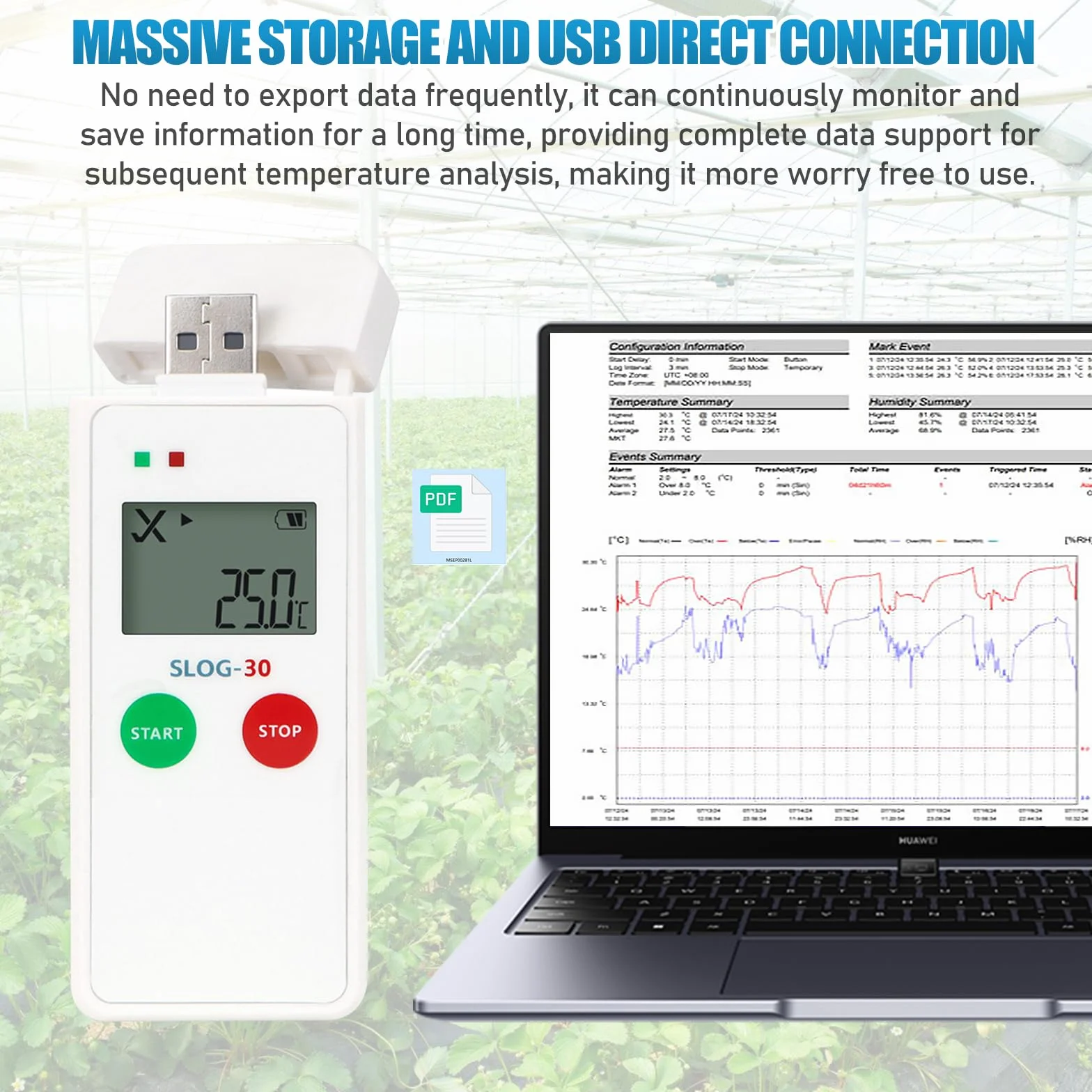 Registrador de datos de temperatura: grabador de temperatura reutilizable con pantalla LCD grande, termómetro registrador con informes PDF, grabadora de temperatura digital USB, 65000 puntos, alta
