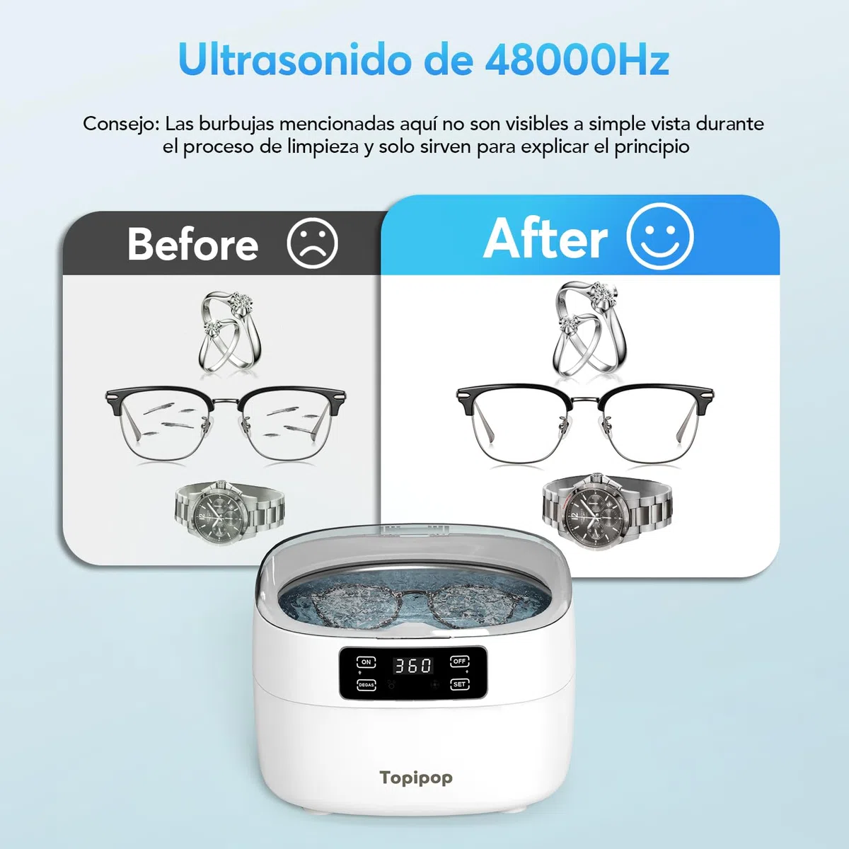 Topipop Dispositivo de limpieza ultrasónica, 48000 Hz, limpiador ultrasónico, 750 ml, limpiador ultrasónico de 5 modos, para limpiar gafas, joyas, relojes, anillos, cuchillas de afeitar, etc. (blanco)