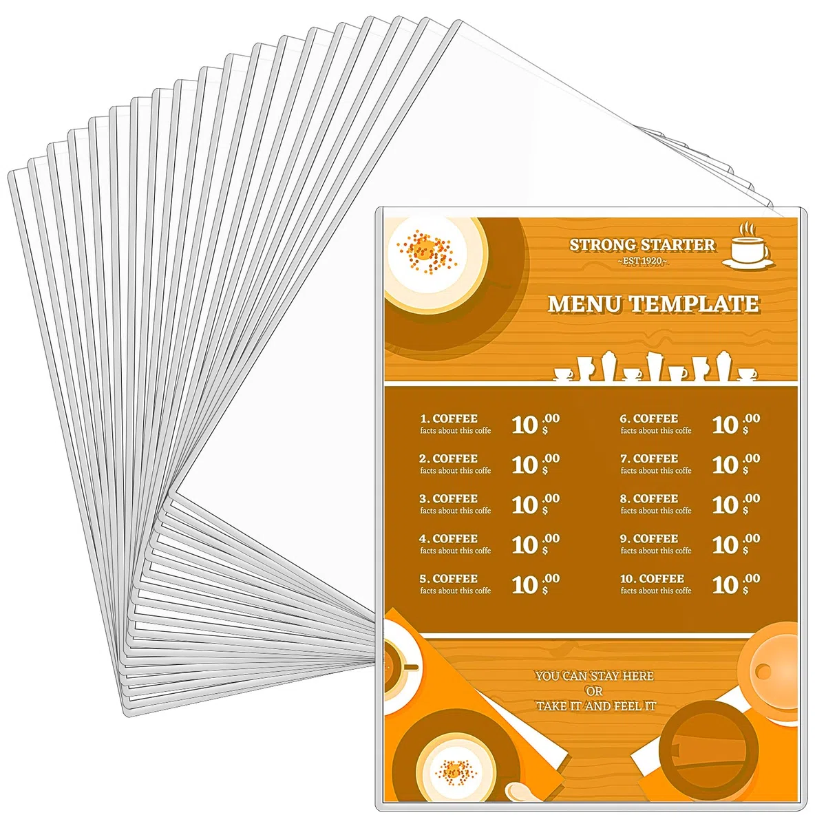 Paquete de 20 fundas de menú A4 de una sola página, doble vista, fundas de menú de PVC transparente, carga superior para restaurantes, bares, cafeterías, escuela en casa