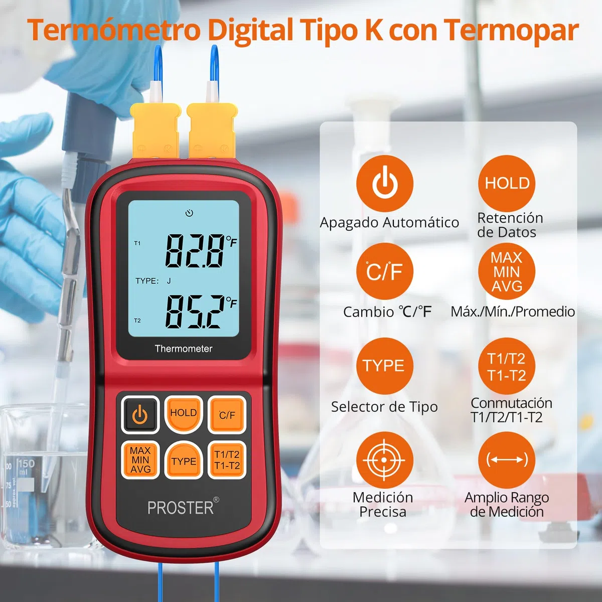 Proster Termómetro Digital de Doble Canal con Dos termómetros de Temperatura Tipo K con retroiluminación LCD para termopar K/J/T/E/R/S/N
