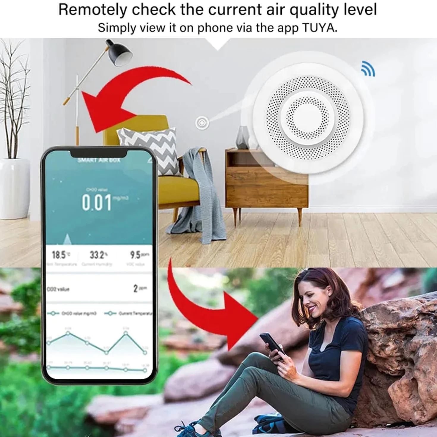 Monitor inteligente de calidad del aire: medidor de calidad del aire interior por WiFi detecta CH2O, CO2, VOC, temperatura y humedad, control por aplicación, termómetro y monitor de humedad para la