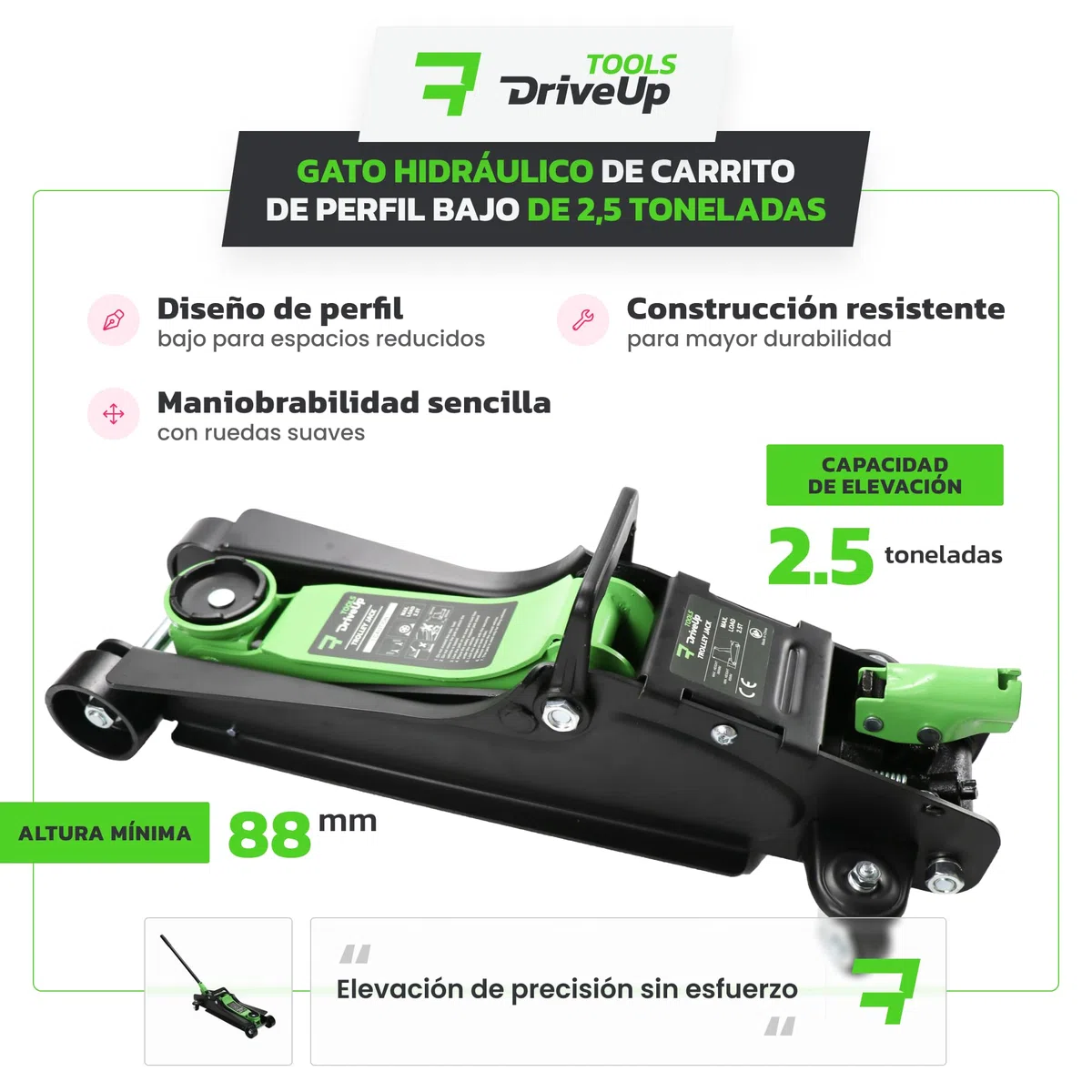 Gato hidraulico para Coche 2,5T. Gato Coche bajo Perfil Altura elevación 85-380mm con Almohadilla de Goma. Capacidad hasta 2500kg (Sin Maleta)