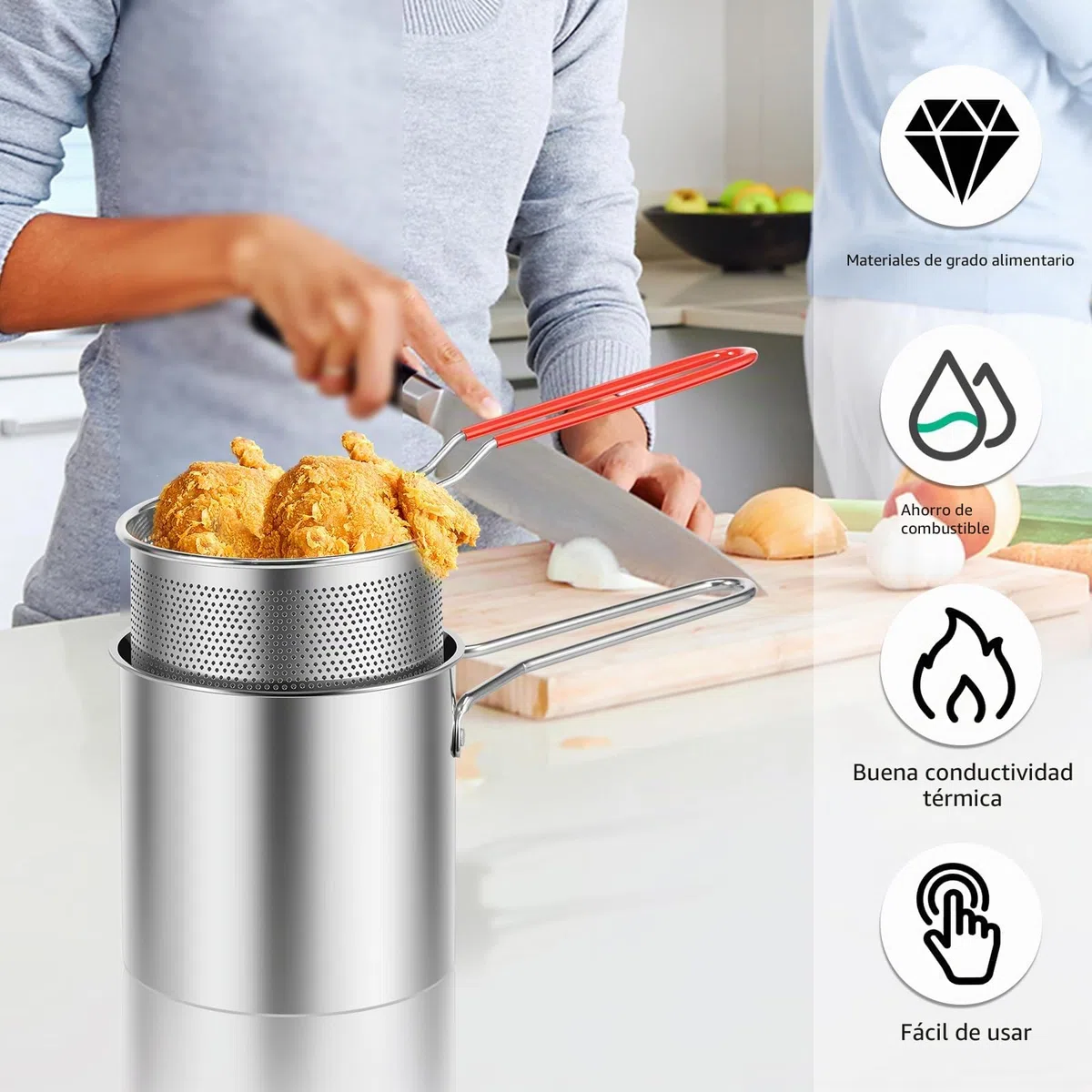 Freidora profunda de acero inoxidable 304 con colador 1200 ml, mini freidora de aceite con asa, utensilios de cocina multifuncionales, sartén para patatas fritas y tempura