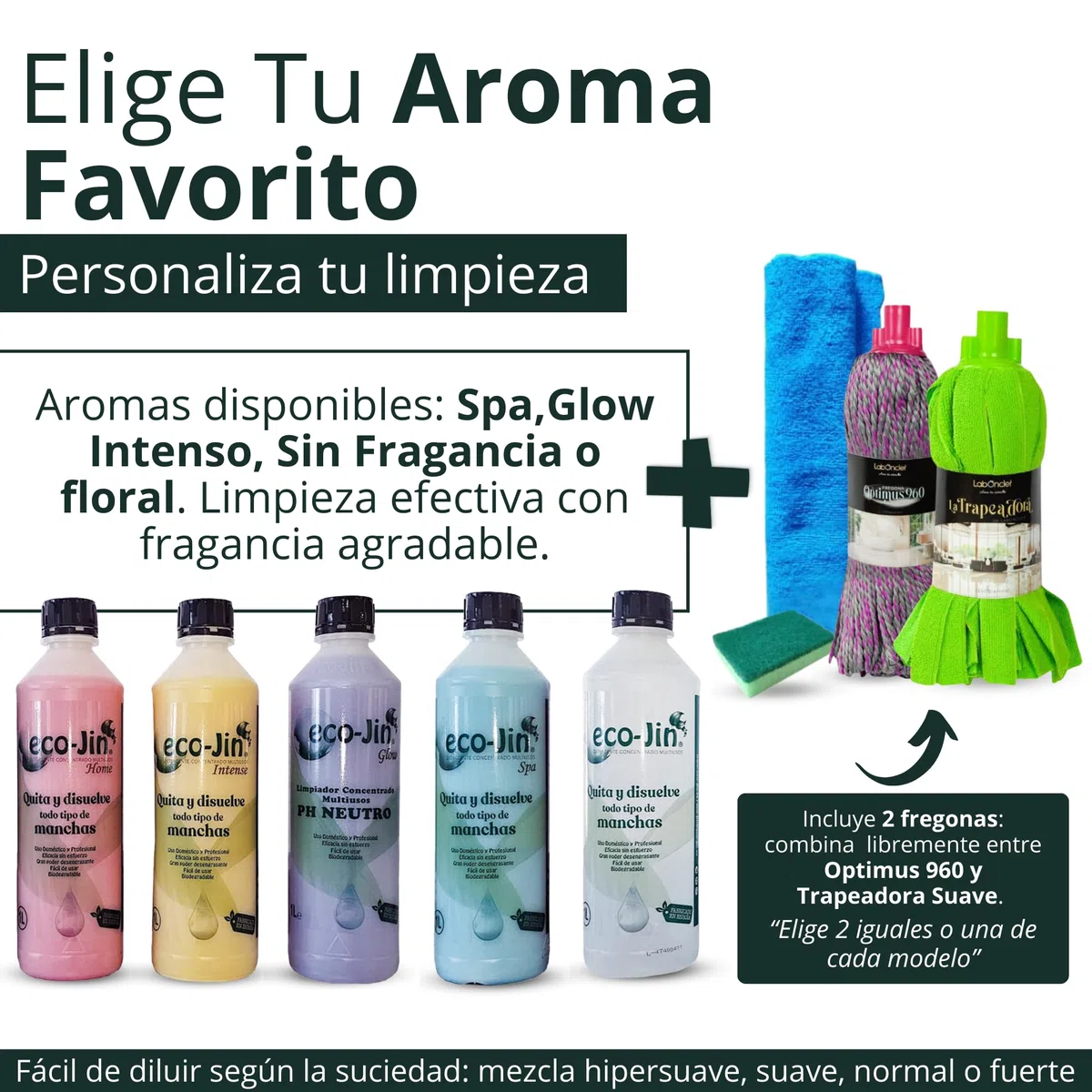 Eco-Jin Pack INTENSE | Difusor | Fregona Optimus | Fregona Trapeadora | Bayeta Microfibra | Estropajo Con Esponja | Limpiador Multiusos