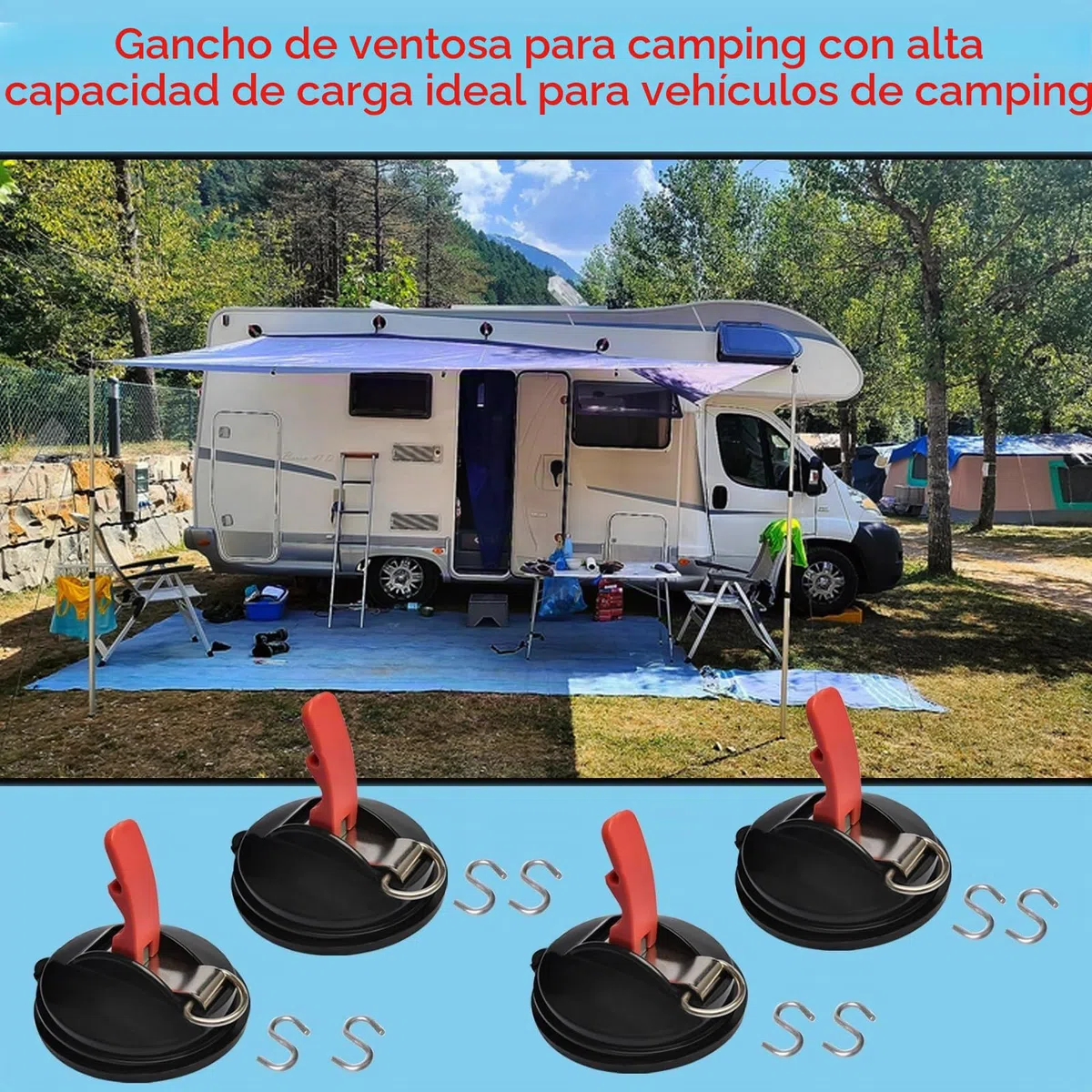 Ventosas Furgoneta Camper, 4 Ventosas de Anclaje Ventosas Para Coche con 8 Ganchos en Forma de S,Multifuncionales Ventosa Extrafuertes Soporte de ventosa para conectar toldos, Tensor de Coche
