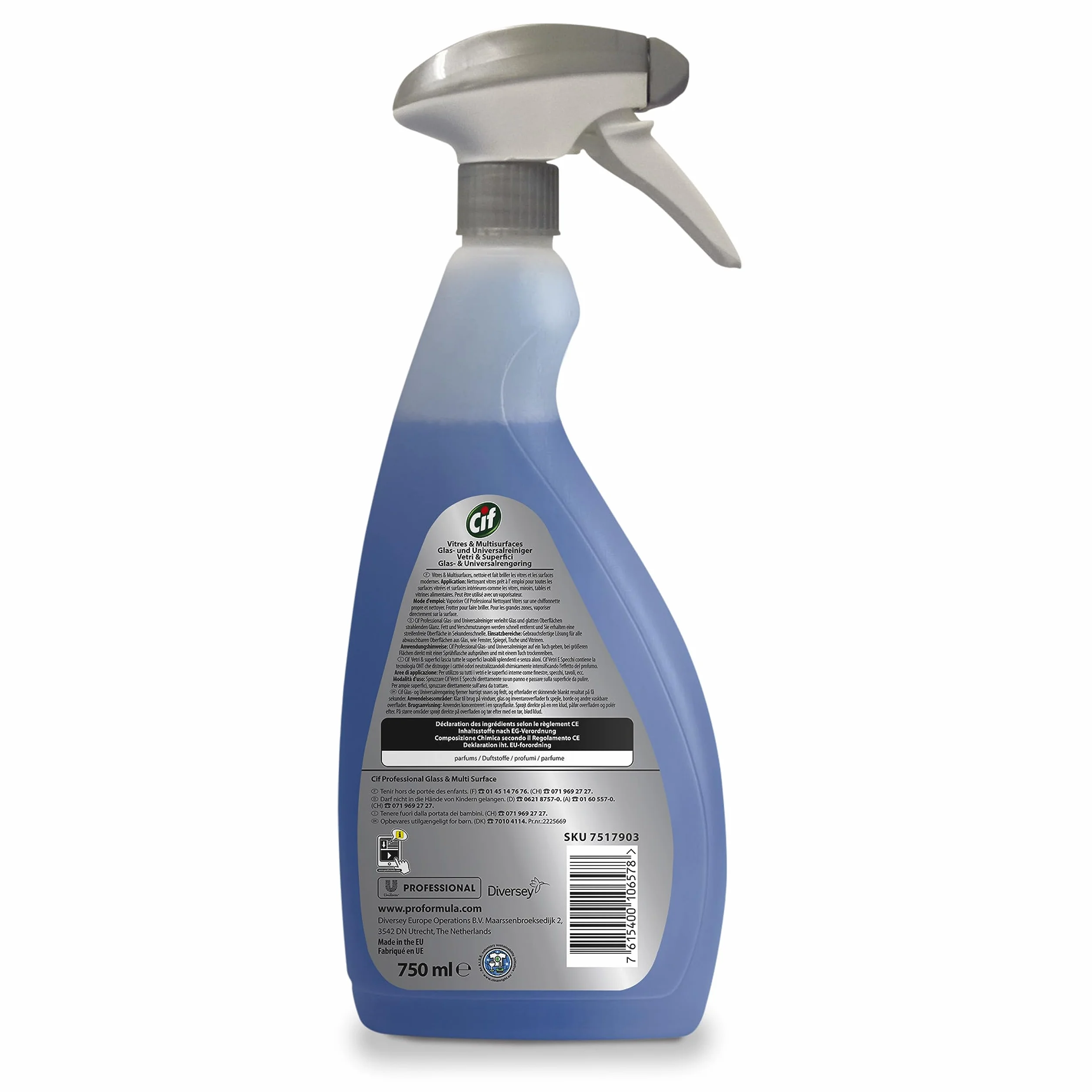 Diversey Cif - Limpiador profesional de cristal, 750 ml, elimina la suciedad, la suciedad y los dedos