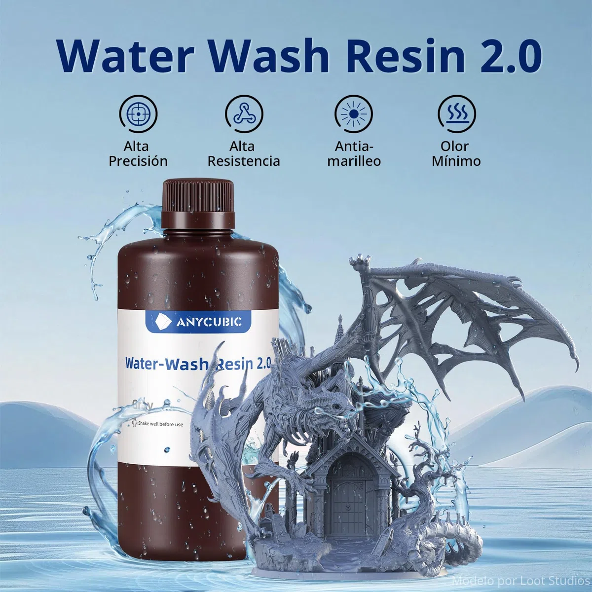ANYCUBIC Water Washable Resin 2.0, Resina para Impresora 3D Lavable con Agua, Anti-Amarillo, Resina de Agua 405nm, Resina 3D de Bajo Olor para todas las Impresoras 3D LCD, Alta Definición Gris 1000g