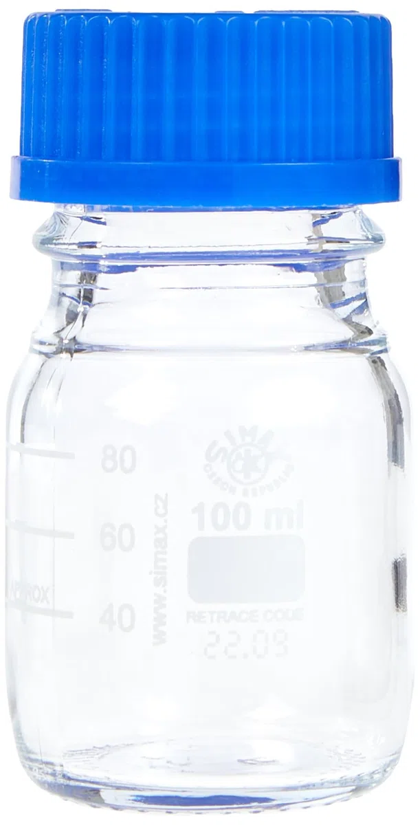 neoLab E-1429 Frascos de laboratorio, GL 45, 100 ml, rosca ISO, tapón + anillo vertedor (paquete de 10 unidades)