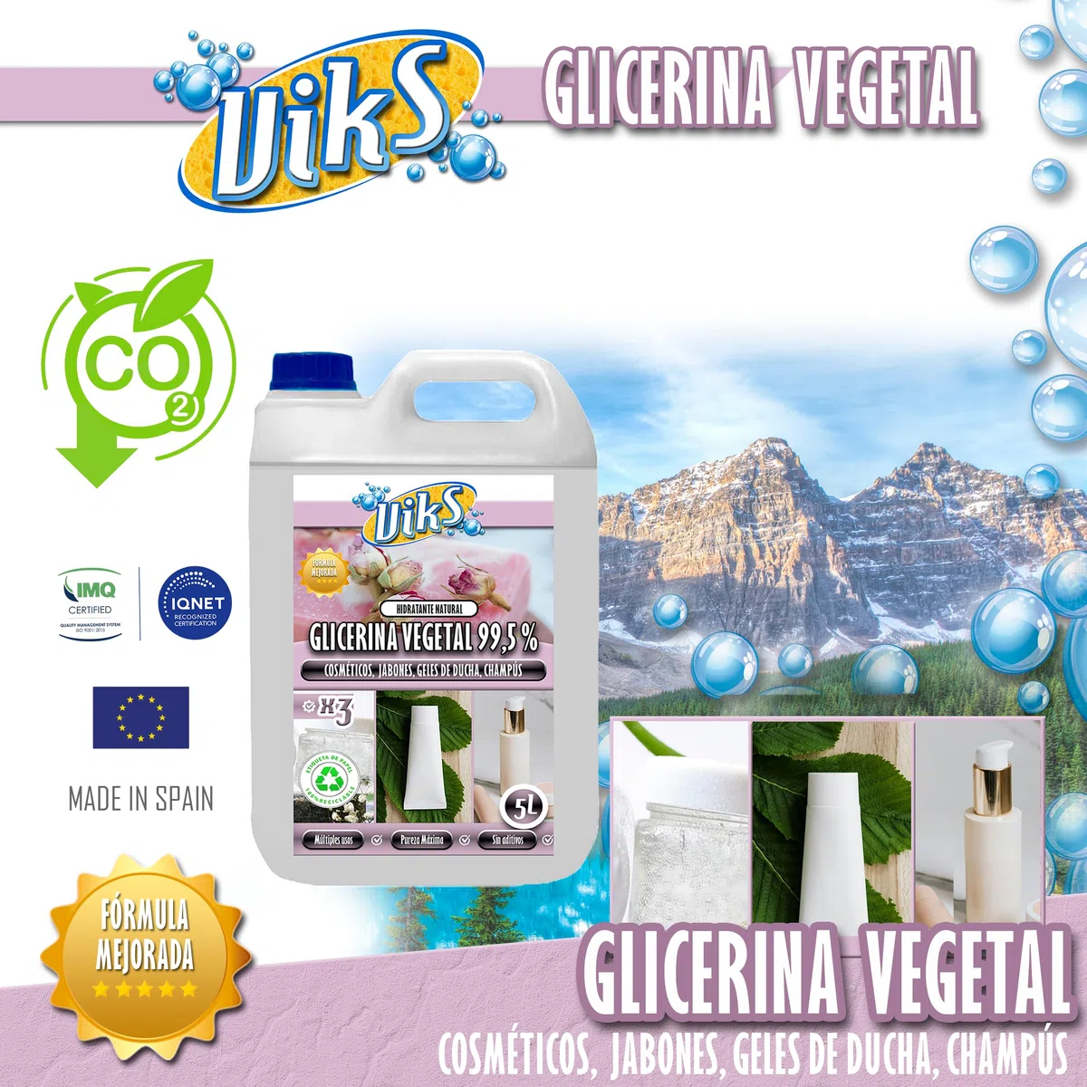 Viks | GLICERINA VEGETAL 99,5% PURO 5L | Para uso cosmético: jabones, geles, champús, cremas | Glicerol incoloro y soluble en agua y alcohol | 5 Litros