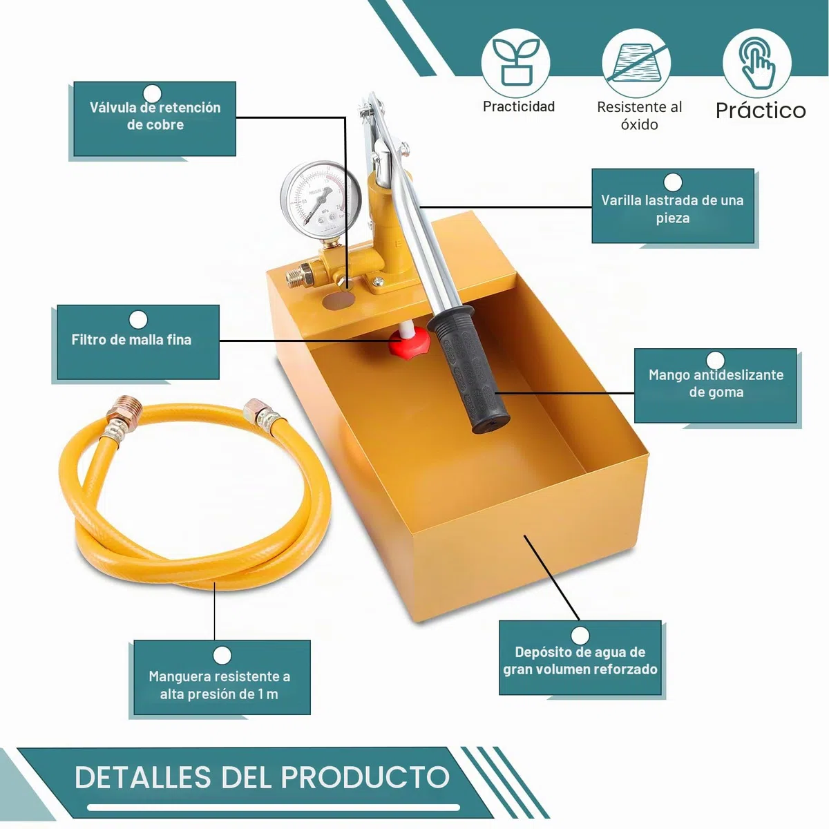 HSEAMALL Bomba de Prueba de Presión de Agua, Manual de 1/2 Pulgada, 25 kg, 2,5 MPa, Amarillo, Sobre el Suelo, Aluminio, BOMBA_DE_AGUA