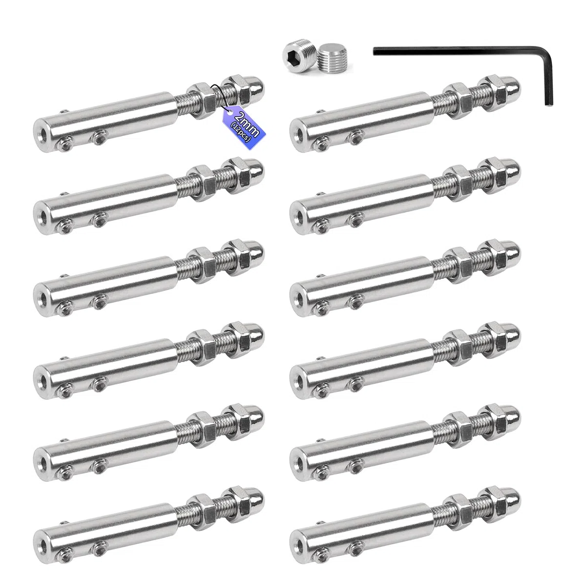 Pack de 12 Terminales para cable 2 mm – Tensor inoxidable con espárrago y llave Allen, Fijación robusta para cables metálicos en barandillas o cerramientos decorativos