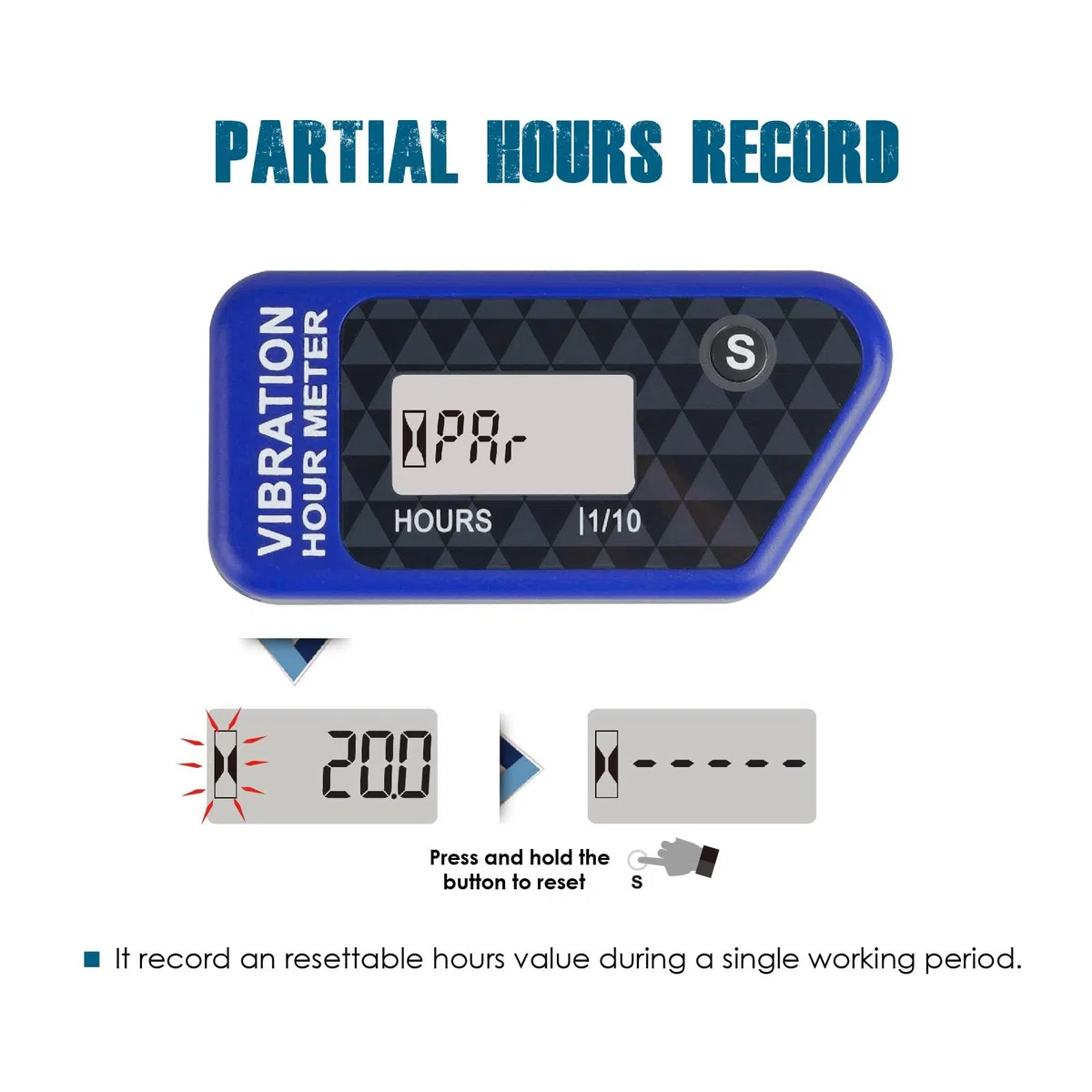 Runleader - Contador de horas inalámbrico digital autoalimentado, vibración activada, temporizador de trabajo reiniciable, apagado por bloqueo de usuario, uso para generador(azul)
