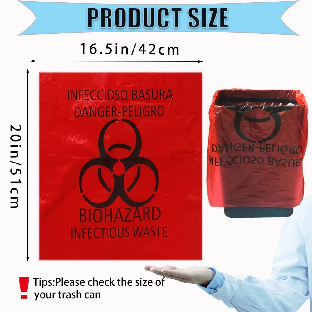 20 bolsas de basura rojas de 42 x 51 cm, con símbolo de peligro, desechables, peligrosas, para eliminación de residuos infecciosos (20)