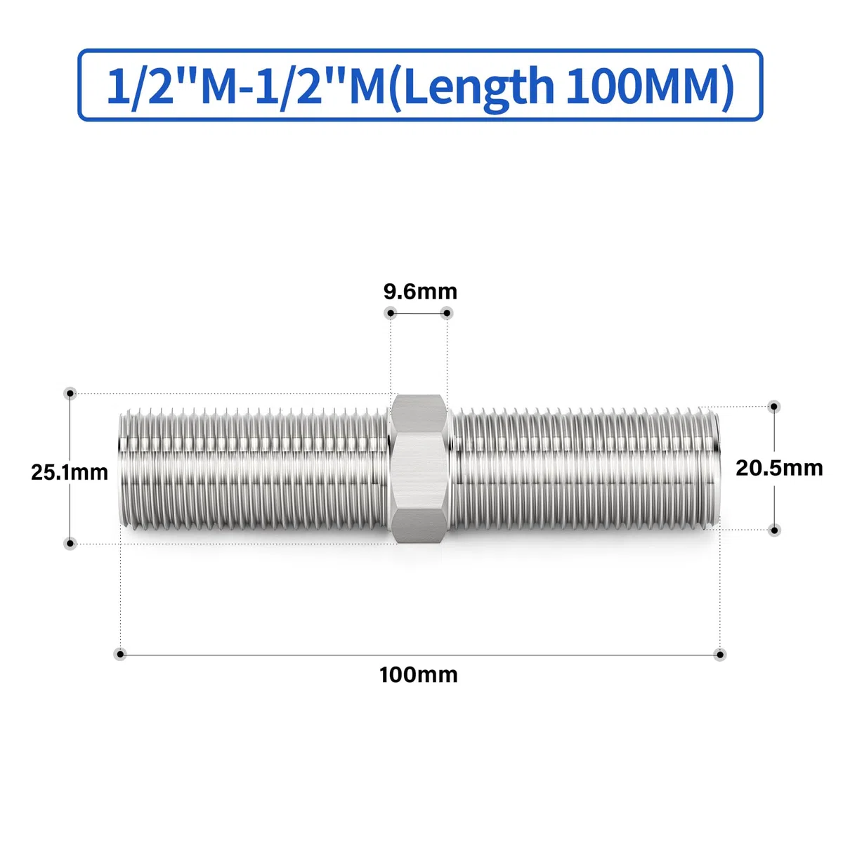 5 piezas de boquilla hexagonal, 1/2" BSP macho x 1/2" BSP macho, accesorios adaptadores para tubos de acero inoxidable 304, conector recto de 100 mm de longitud