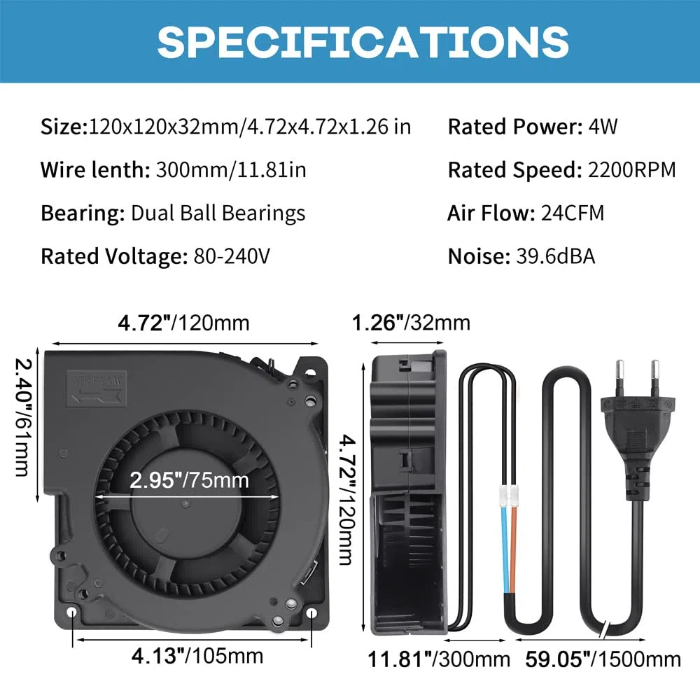 GDSTIME Ventilador radial de 220 V CA, 120x32 mm, EC 240 V, turbinas, 120 mm, ventilador radial, doble rodamiento de bolas, ventilador de refrigeración 12032, ventilador radial para barbacoa