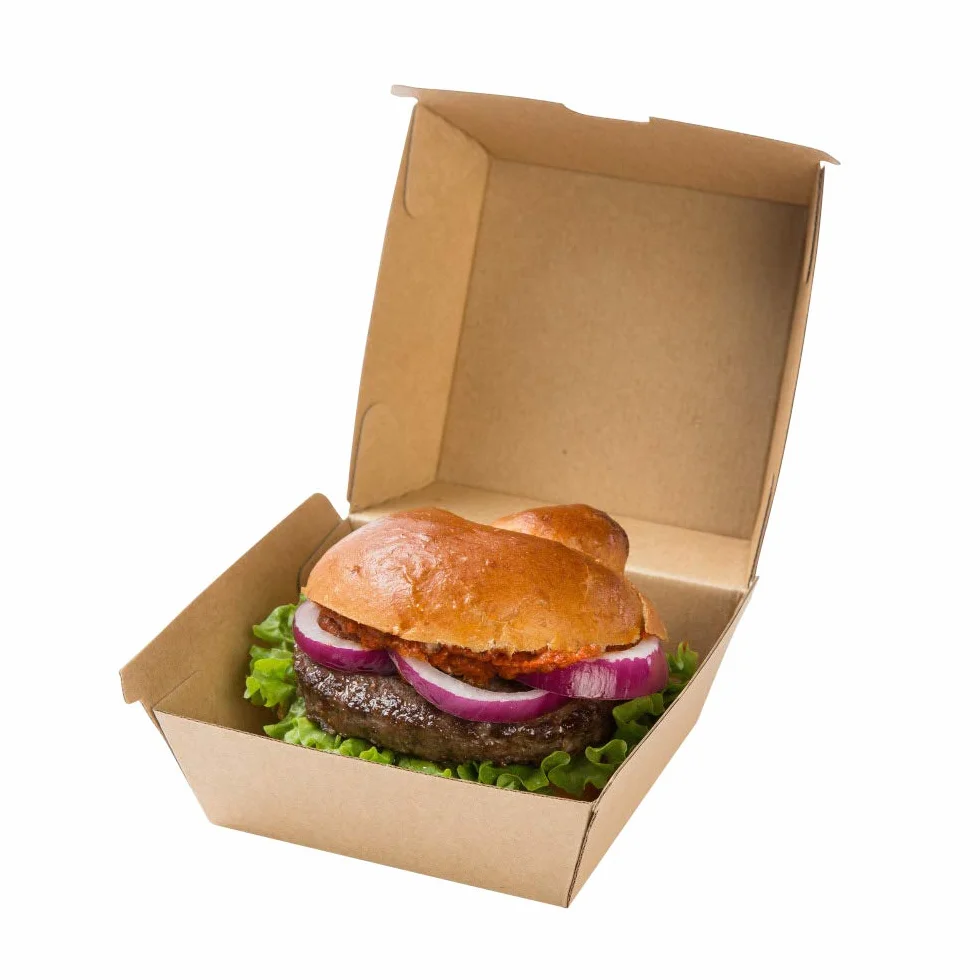 GREENBOX Caja de hamburguesas Take Away de 50 unidades, robustas cajas para hamburguesas con tapa elevada, caja de cartón kraft, embalaje estable para hamburguesas, 13 x 14 x 8 cm, biodegradable