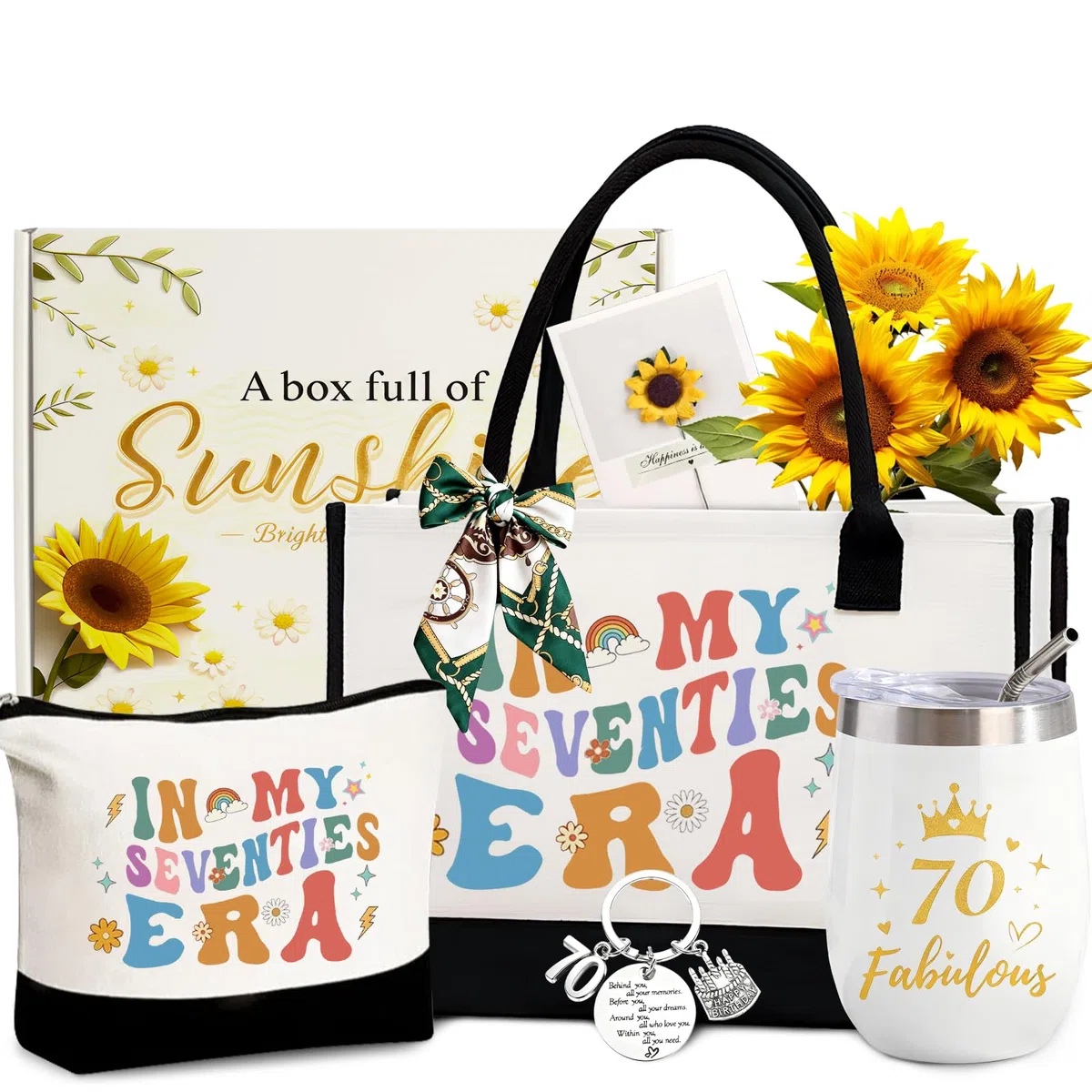 Regalos de Cumpleaños para Mujeres de 70 Años:Bolso de Mano/Tote Neceser Vaso Térmico Llavero Pañuelo de Seda y Tarjeta de Felicitación,Ideas Originales para Madre Esposa Amiga Hermana e Hija