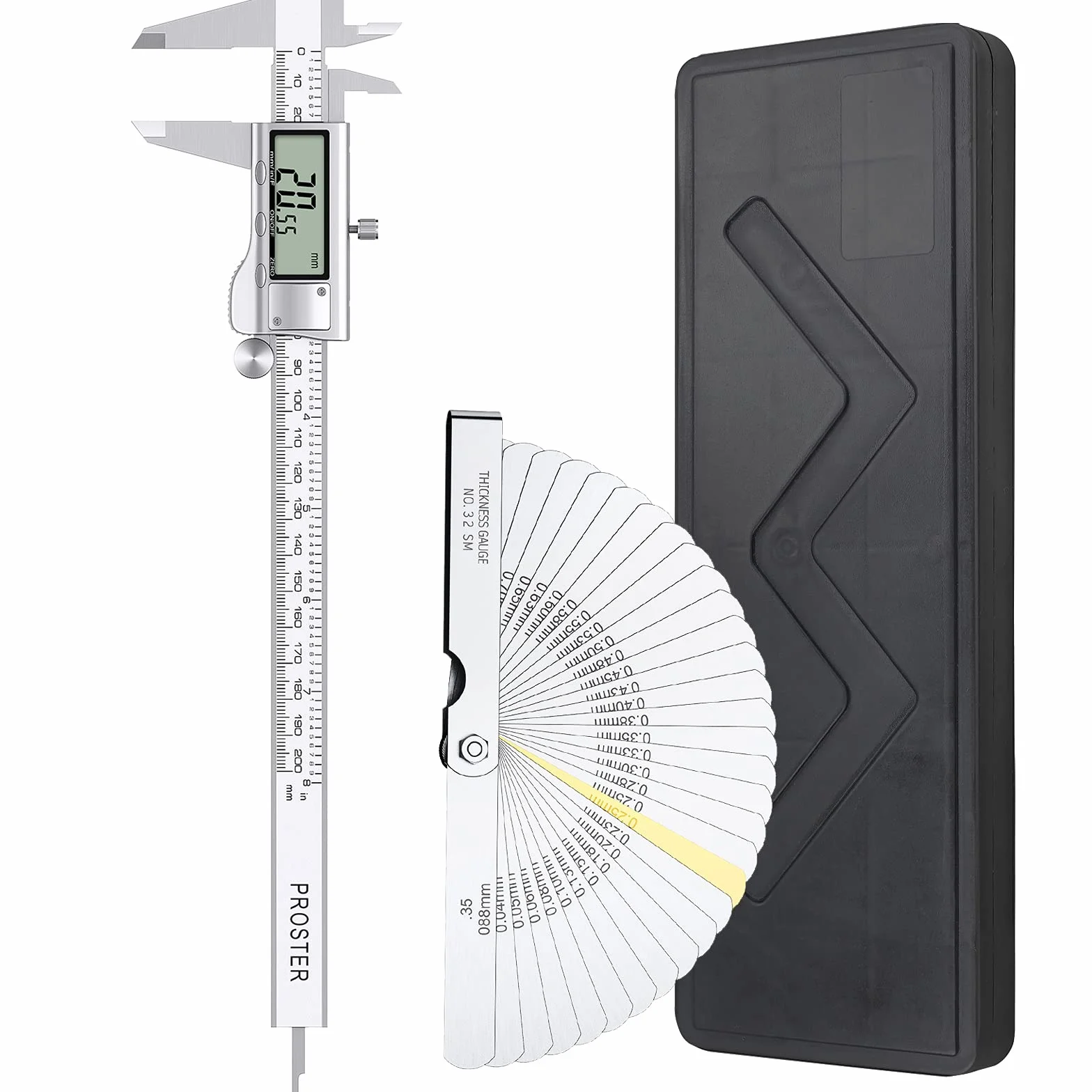 Proster Calibre Digital 200 mm Pie de Rey Acero Inoxidable Electrónico con Galgas de Espesores 0.04-0.88mm Fraccion/Pulgada/Metrica Medición de Longitud Ancho Profundidad Diámetro Interior Exterior