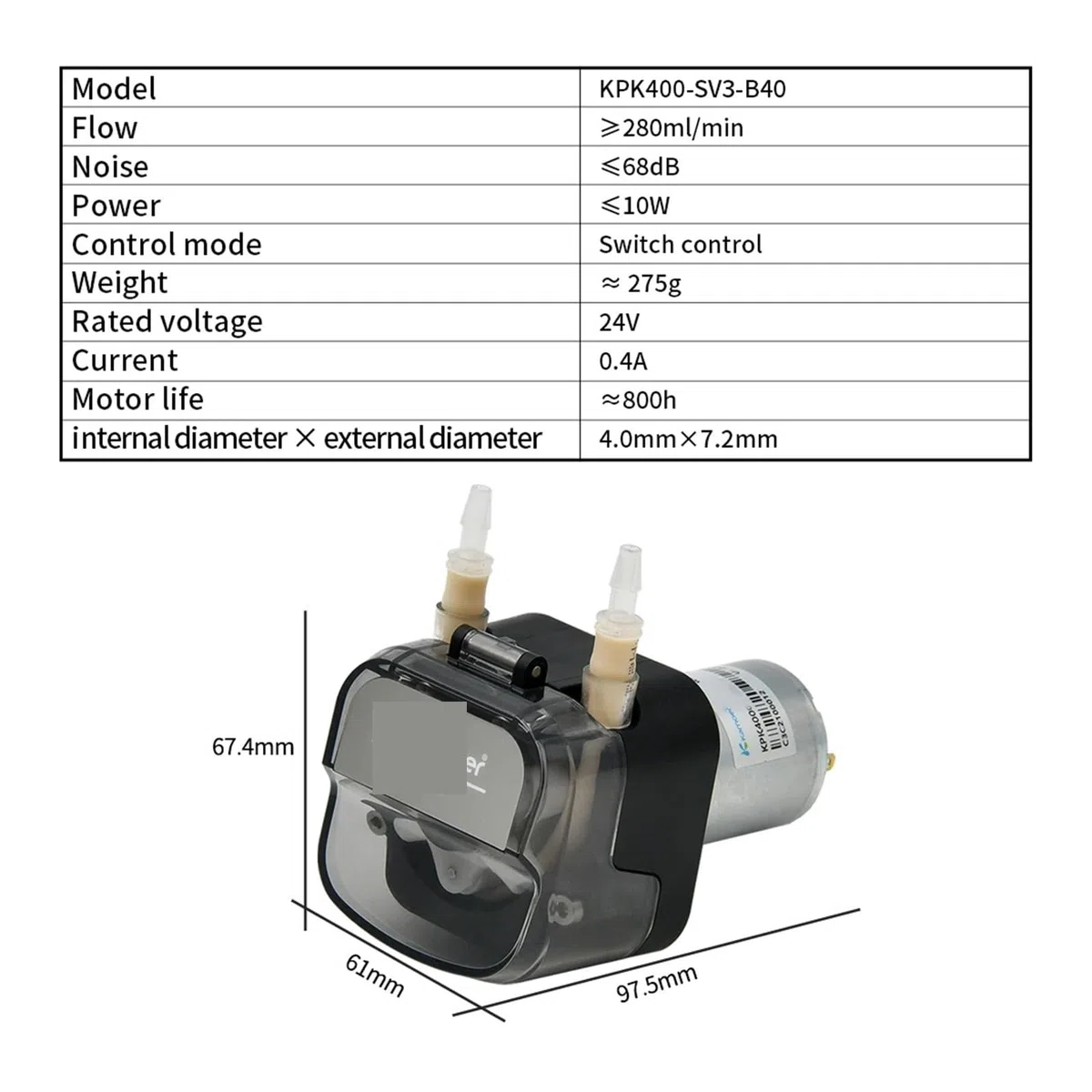 Bomba peristáltica de Alto caudal KPK400 de 400 ml/min, Motor de 12 V y 24 V CC, autocebante, con Tubo BPT, dosificadora for Laboratorio.(KPK400-SV3B40-24V)