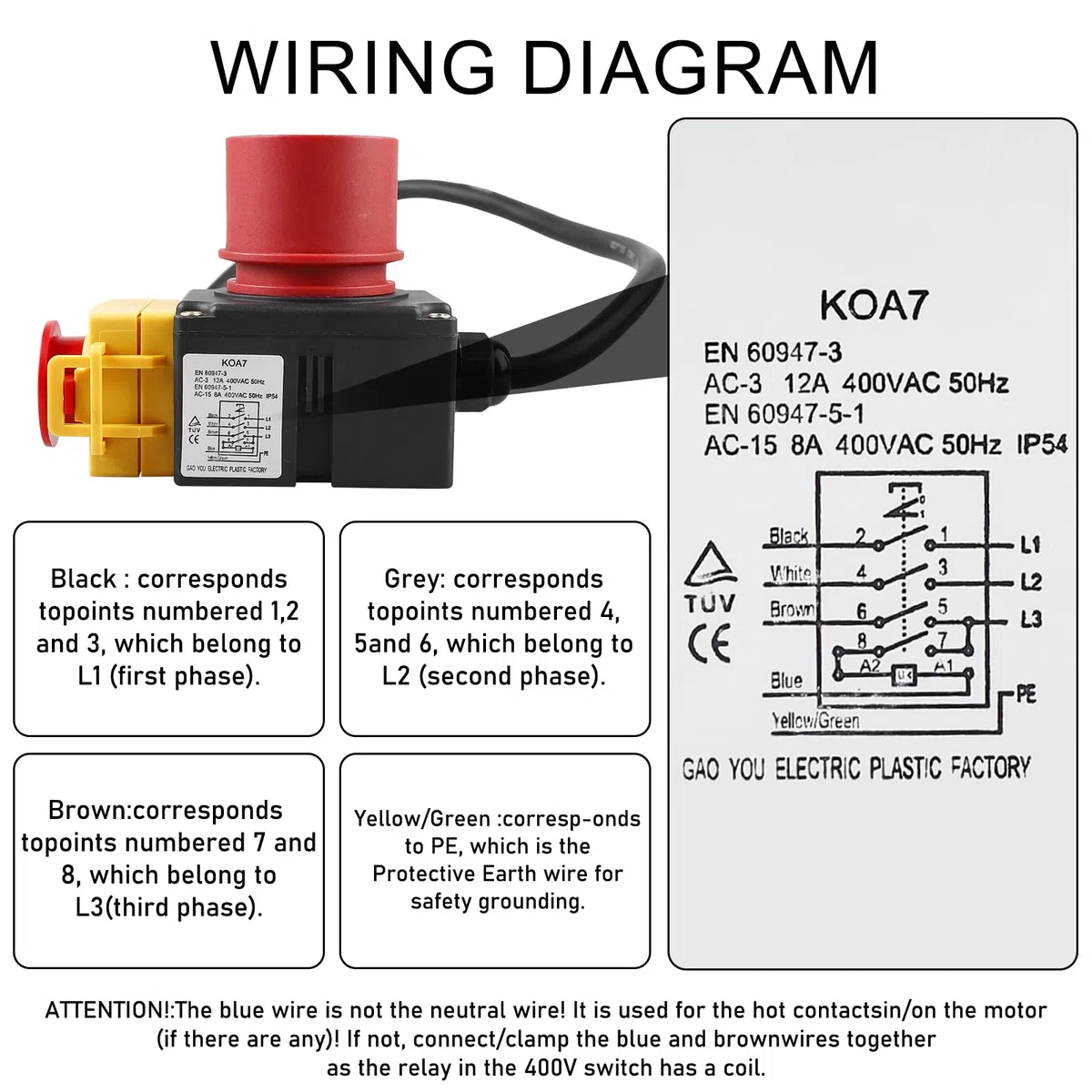 Interruptor de máquina: interruptor de 3 fases de 400 V de emergencia con enchufe CEE, resistente al agua, interruptor electromagnético, interruptor de voltaje cero, interruptor de protección del