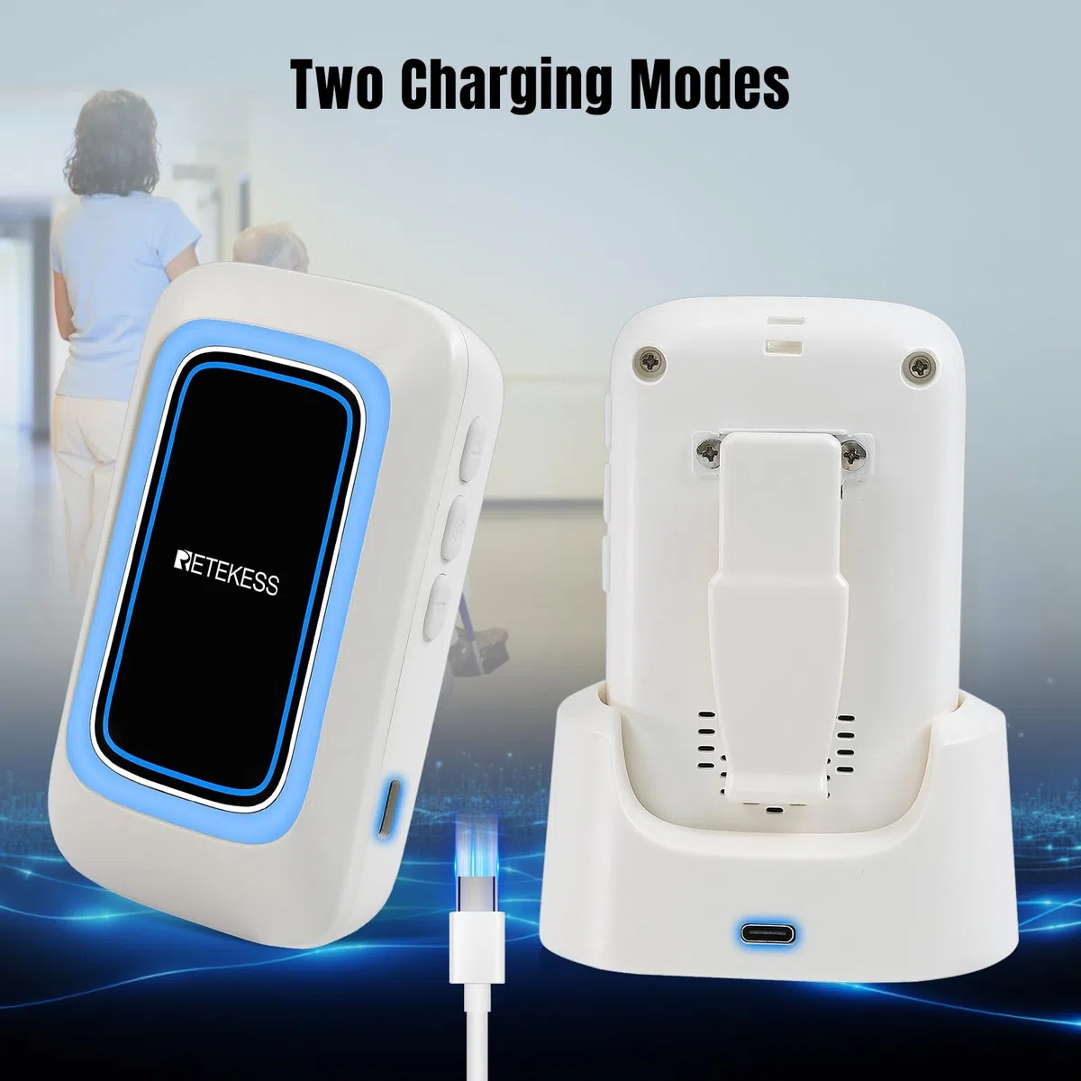 Retekess TH109 Botón Llamada Emergencia, Botón de Llamada Inalámbrico para Ancianos, Sistema de Alerta de Emergencia, 850 pies de Distancia de Comunicación, Alarma Multimodo, Cuidado en el Hogar