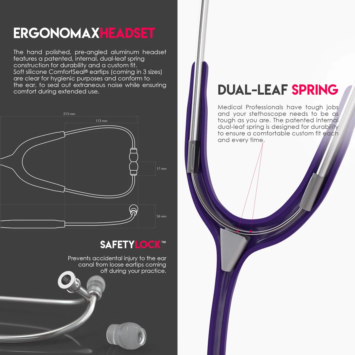 MDF Instruments Acoustica Fonendoscopio ligero de doble cabeza - GarantÌa-de-por-vida & Programa-piezas-gratuitas-de-por-vida, Morado, MDF747XP08