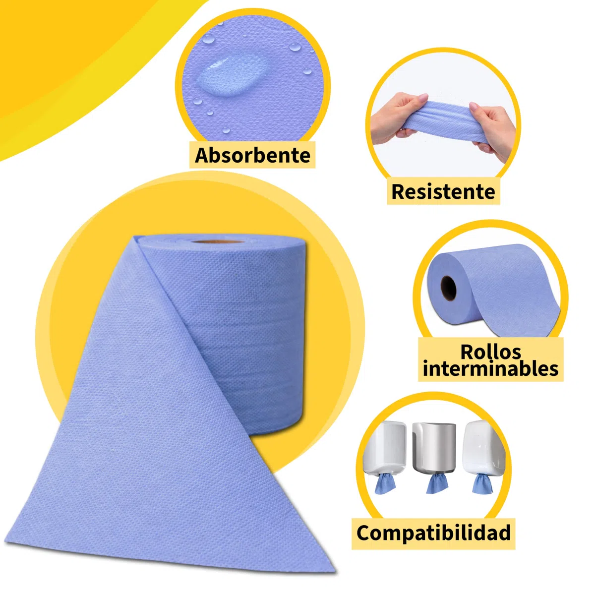 Rollo Papel Secamanos Azul 100 metros/rollo (Pack de 6 unidades) Uso Profesional | Rollo Papel Industrial, Papel Mecha, Bobina Papel Industrial