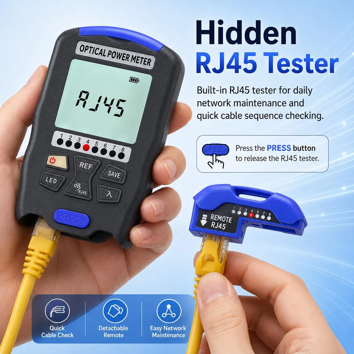 Medidor De Potencia óptica, 3 En 1 Probador De Fibra óptica Recargable Probador De Cable De Fibra ópticas Con Prueba De RJ45 Y Luz Led, -70~+10dbm 850-1700nm Optical Power Meter Con FC/LC/ST Interfaz