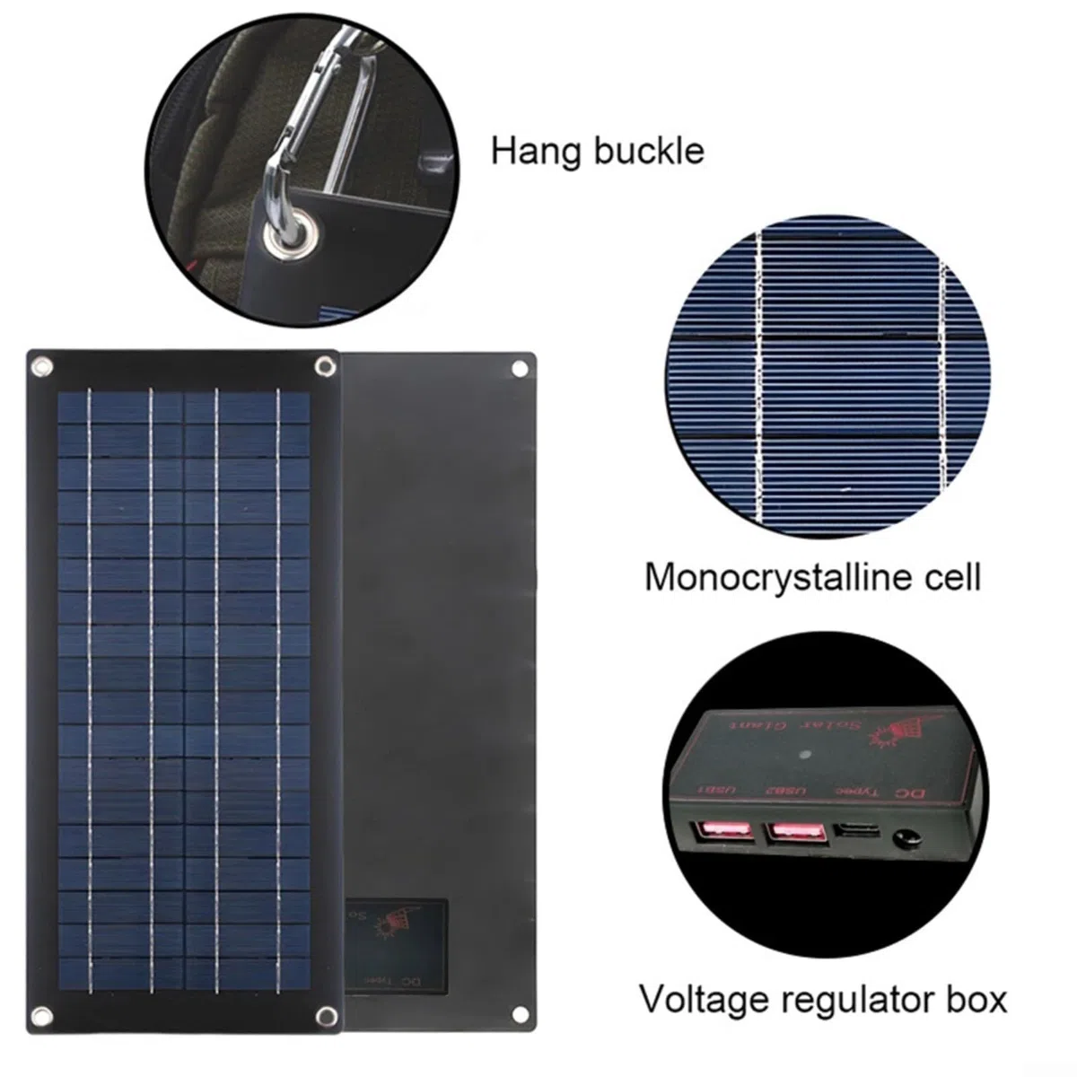 Cargador solar monocristalino de 60 W 18 V, salida de 12 a 18 V CC con puertos USB duales, para mantenimiento de coche/caravana/barco, incluye clips de cocodrilo y ventosas, construcción de