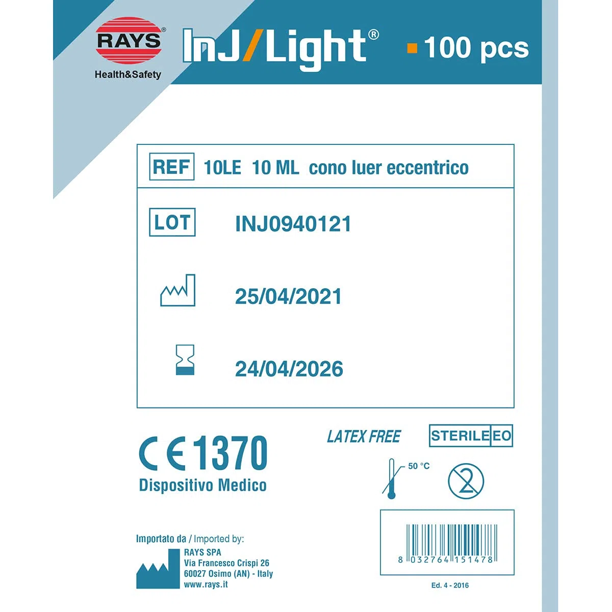 Rays - Inj/Light Jeringas Hipodérmicas Sin Aguja, Cono Luer Excéntrico, Estéril, Desechable, Sin Látex, Volumen 10 Ml, Envase De 100 Uds.