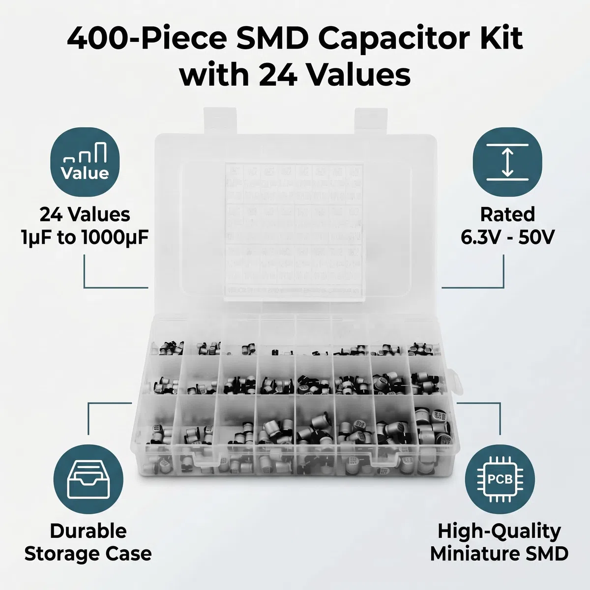 Condensador electrolítico de aluminio 400 piezas 24 valores Condensador radial SMD Kit de surtido de componentes electrónicos 1uF-1000uF
