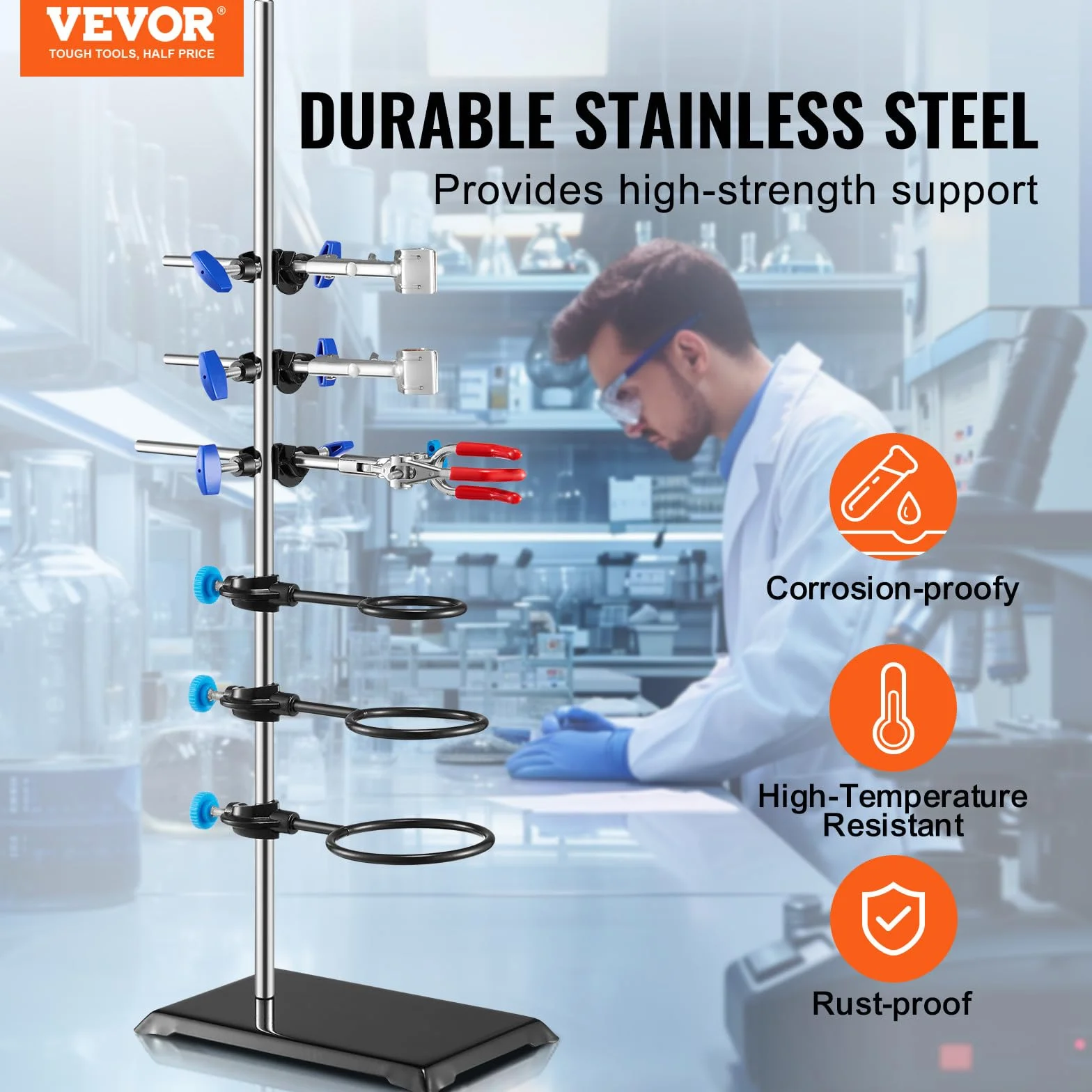 VEVOR Soporte de Laboratorio de Acero Con Varilla de 60 cm y Base de Hierro Fundido 210,82x135 mm, Abrazaderas de Pistón, Bureta y Cruzadas