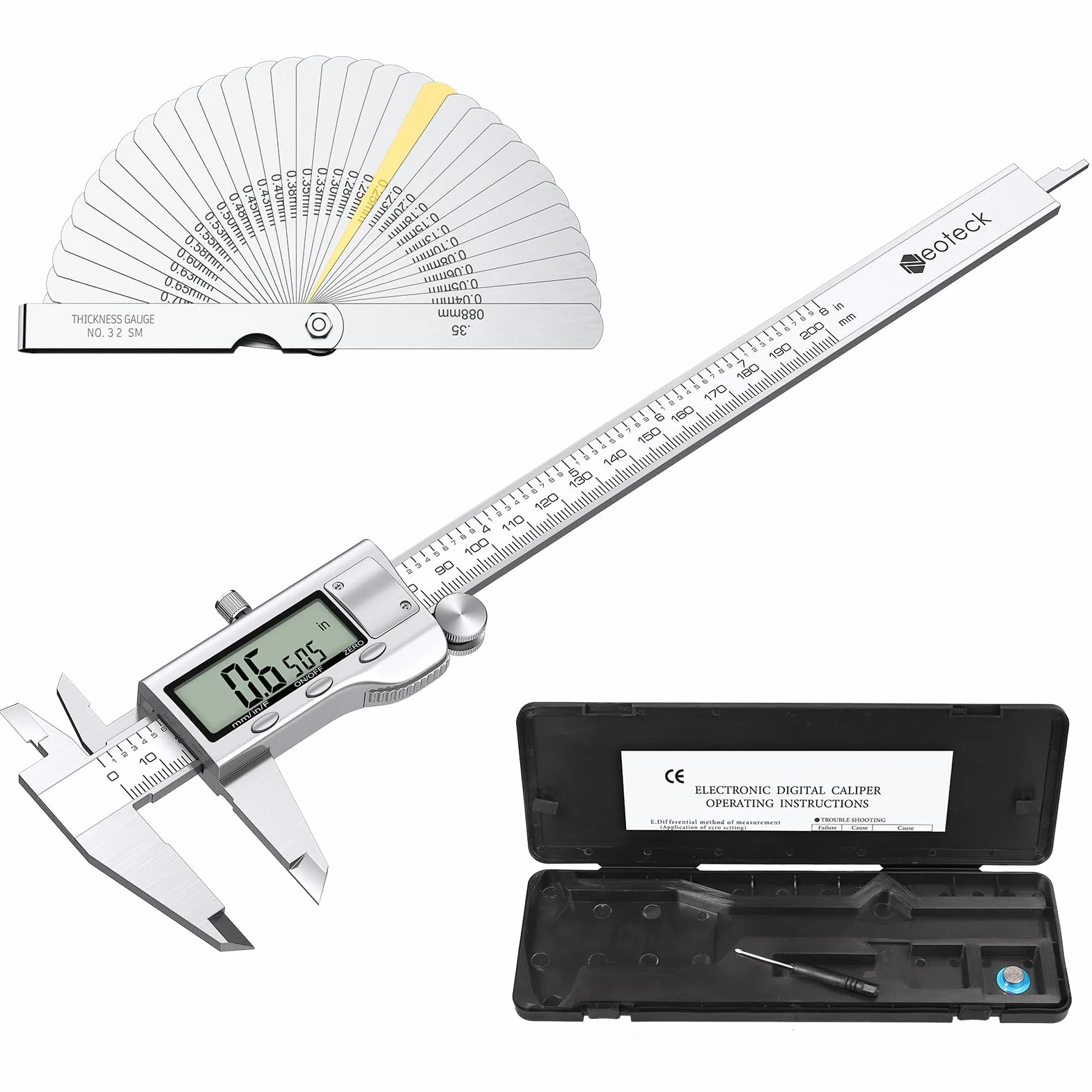 Neoteck Calibre Digital Acero Inoxidable 200mm/8Inch con Calibrador de Espesor Pie de Rey Fracciones/Inch/Metrico Cambio de Herramienta de Medición para Longitud Ancho Profundidad Diámetro Interior