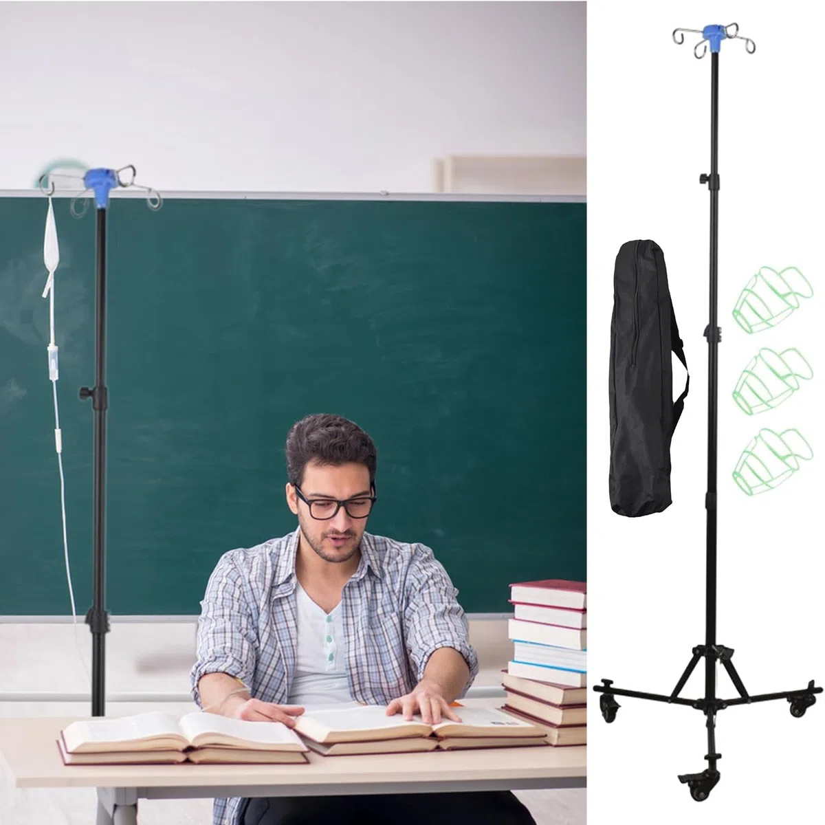 Soporte para Suero,Soporte Intravenoso para Hospital con Gancho para Botella - Equipo Plegable con Ruedas para Clínicas Asistencia Domiciliaria Uso Diario Interior Y Exterior