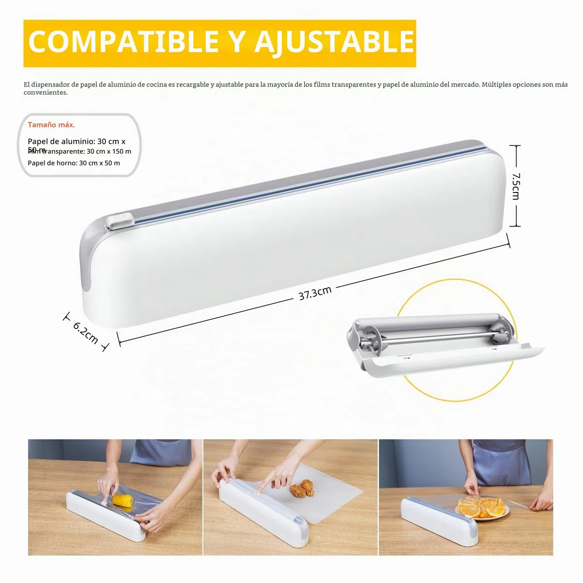 Dispensador Papel Aluminio y Film - Organizador de Papel de Aluminio y Fim de Plástico Rellenable Magnético para Cocina, Cortador de Film Transparente - Incluido 1 * 50 Metros Film, Blanco