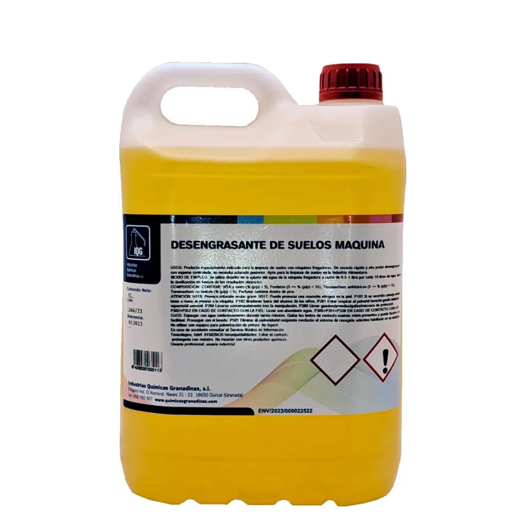 Fregasuelos desengrasantes, 5L Ideal para máquina fregadora, limpieza de suelos profunda y de grandes dimensiones. Suelos industriales, talleres, centros comerciales, parking, hoteles