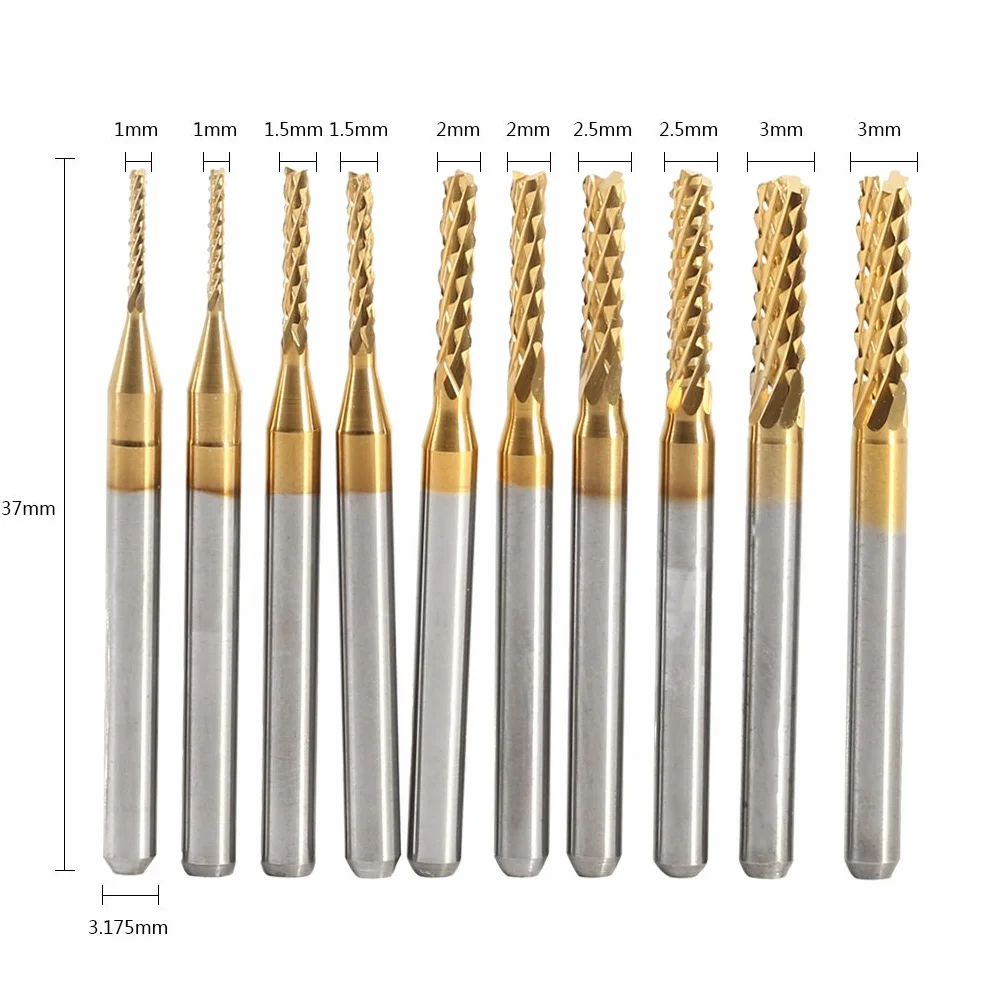 Fresas de Extremo Recubierto de Titanio, Juego de fresas de fresado CNC, 10 piezas de fresas de carburo cementado recubiertas de titanio de 1,0-3,0 mm para fresado CNC, metal, plásticos
