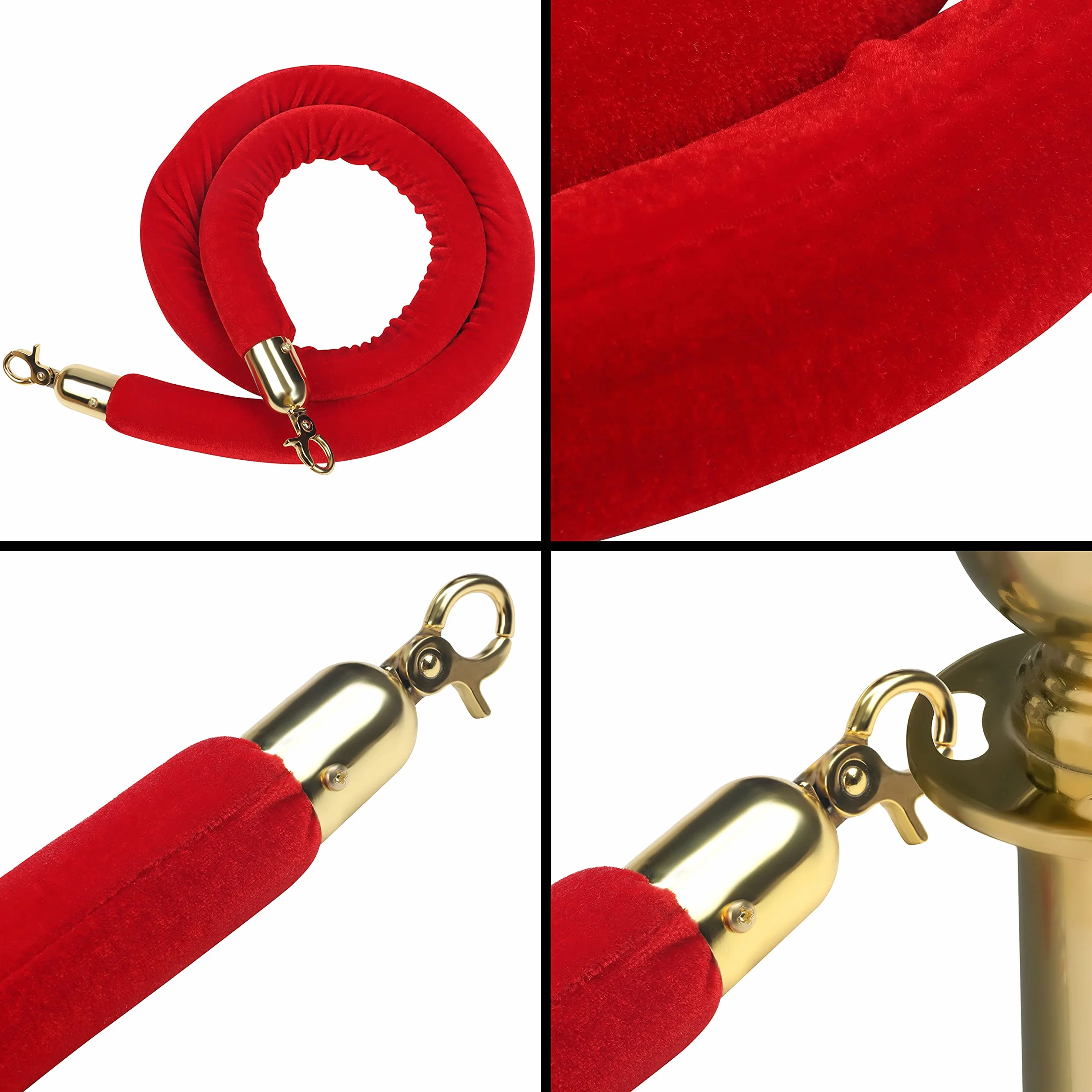Belle Vous Pack de 2 Cuerda Terciopelo Rojo Barrera Separadora 150 x 3,5 cm – Ganchos Dorados Pulidos para Poste - Cinta Seguridad Separador Filas - Cinta para Delimitar, Control de Multitudes