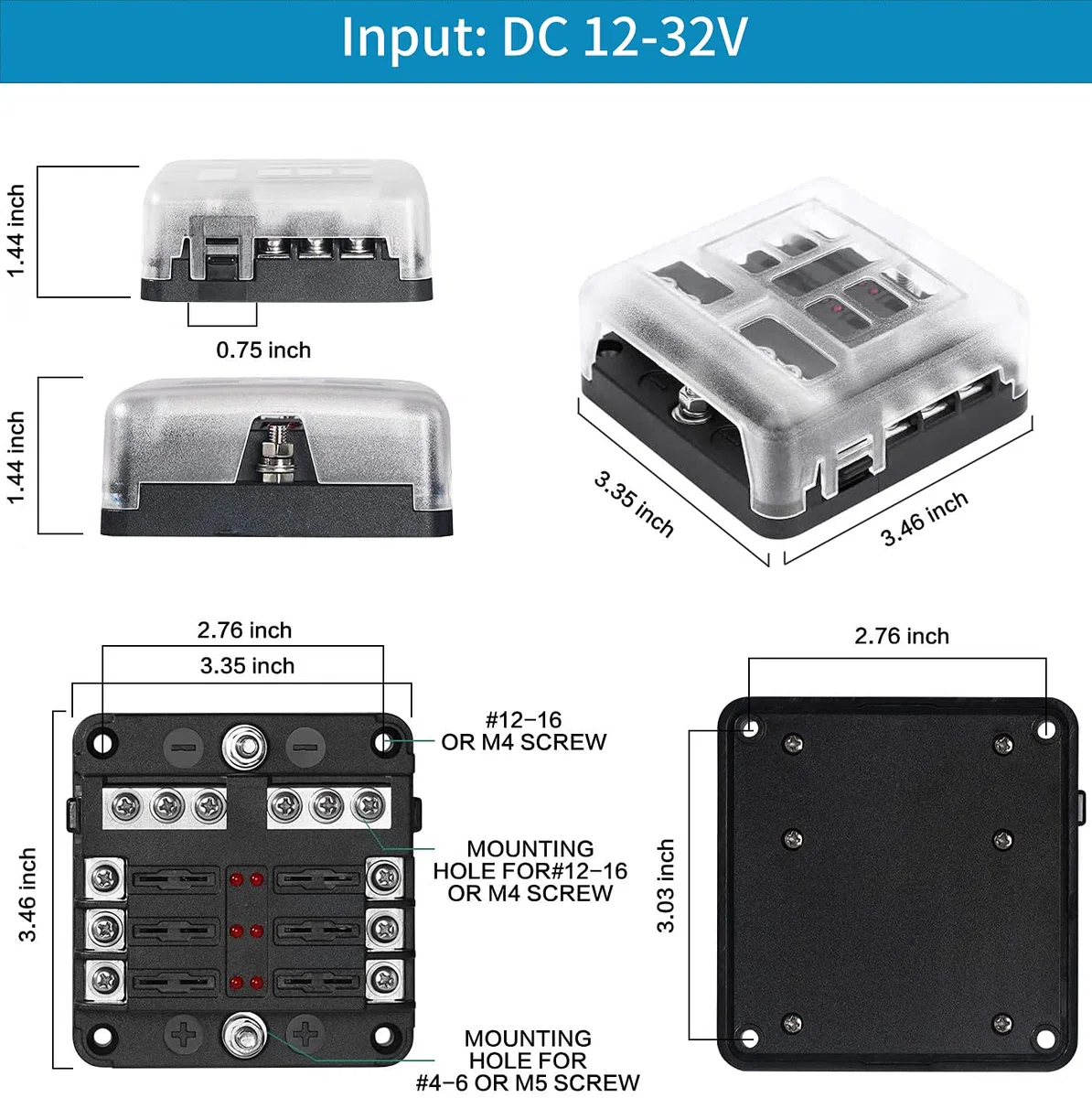 Bloque de fusibles de 6 vías, fusible de hoja de 12 V, 6 circuitos ATC/ATO, impermeable, soporte de caja de fusibles con indicador LED, cubierta impermeable para 12 V/24 V, camión, barco, caravana,